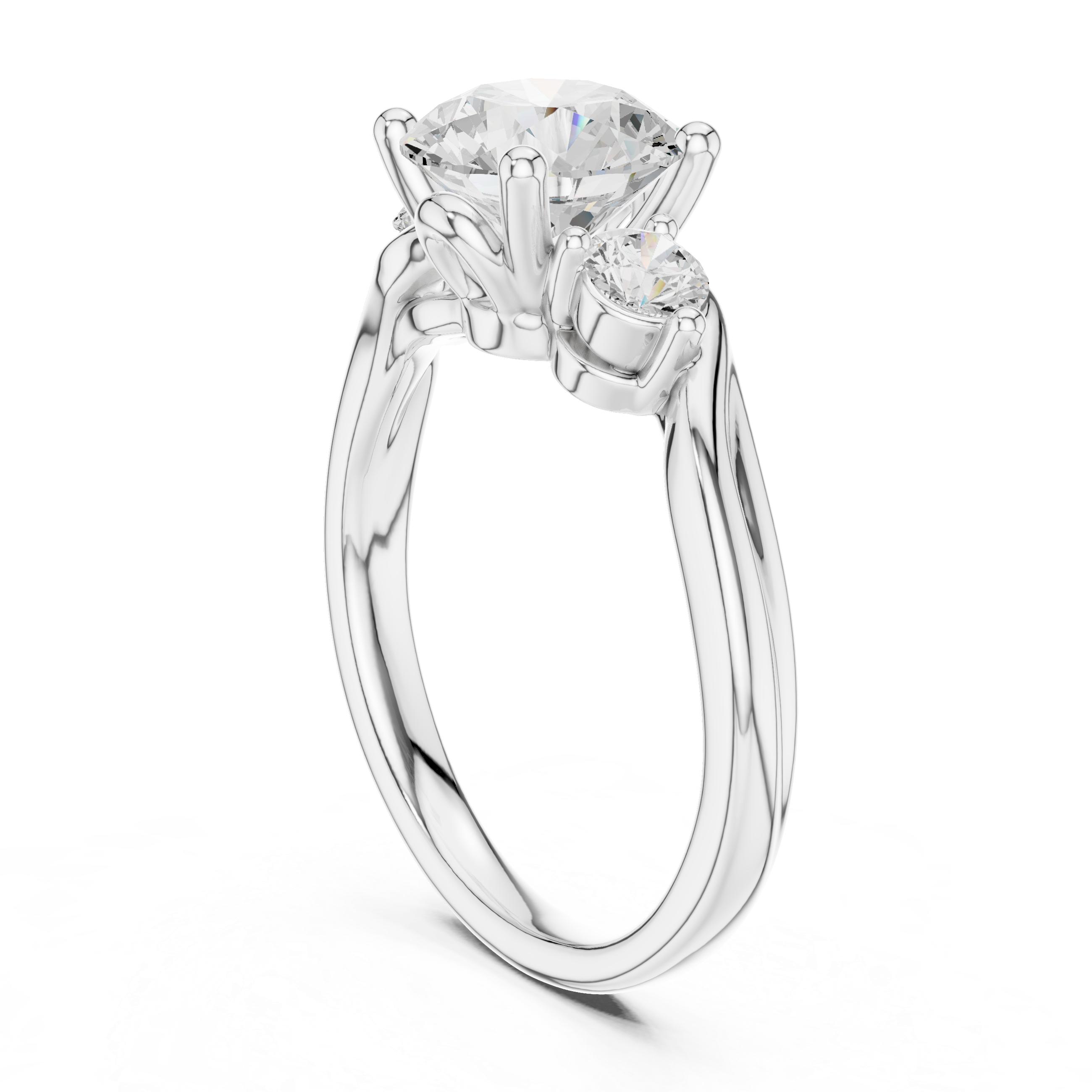 Round Cut Diamond Ring with Twisted Band and Side Stones