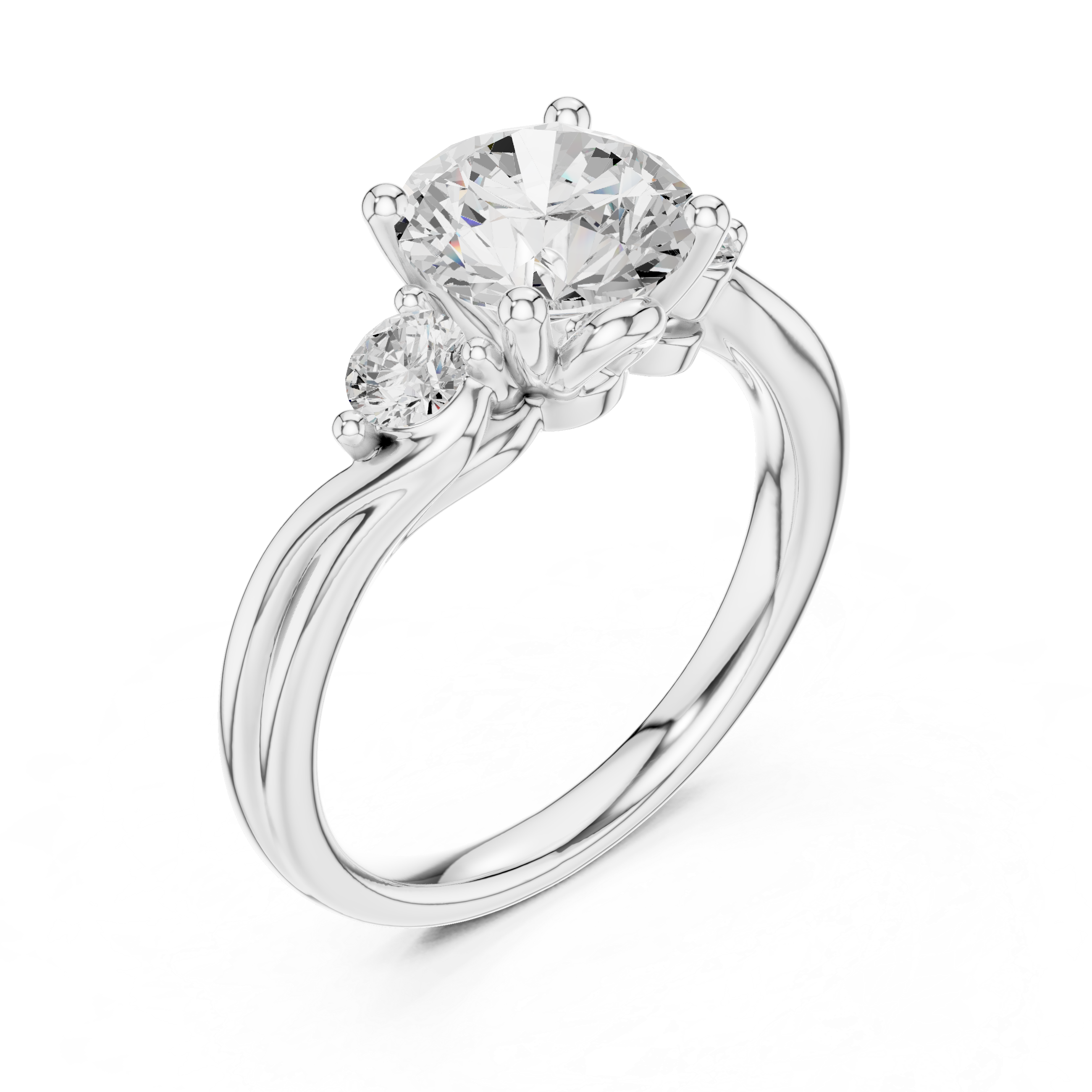 Round Cut Diamond Ring with Twisted Band and Side Stones