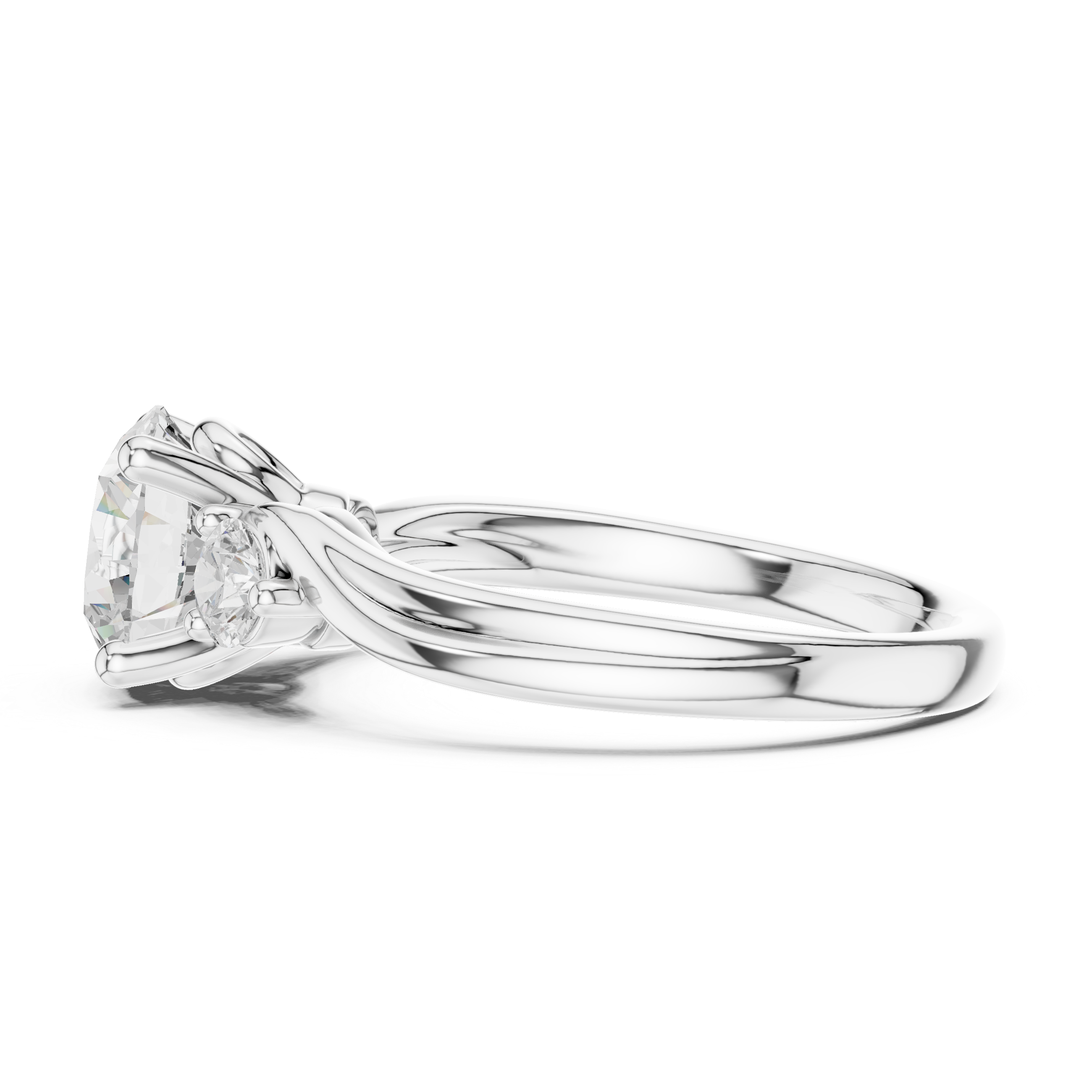 Round Cut Diamond Ring with Twisted Band and Side Stones