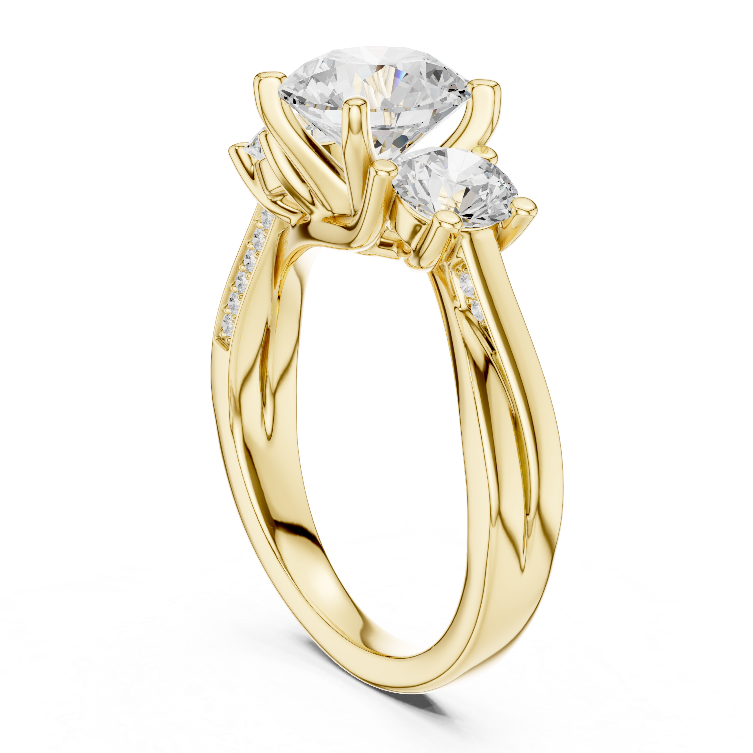Three Stone Round Cut Diamond Ring with Accented Band