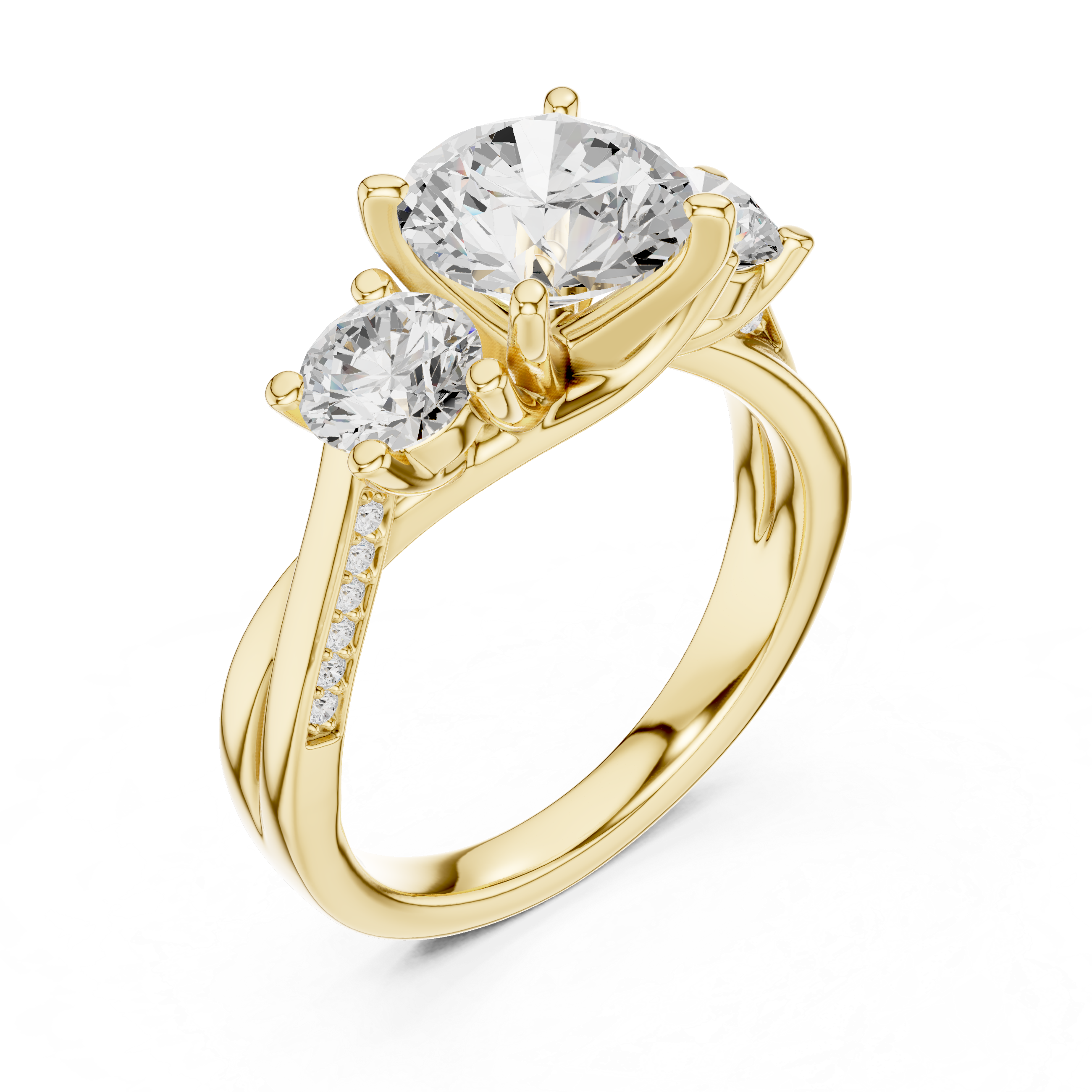 Three Stone Round Cut Diamond Ring with Accented Band