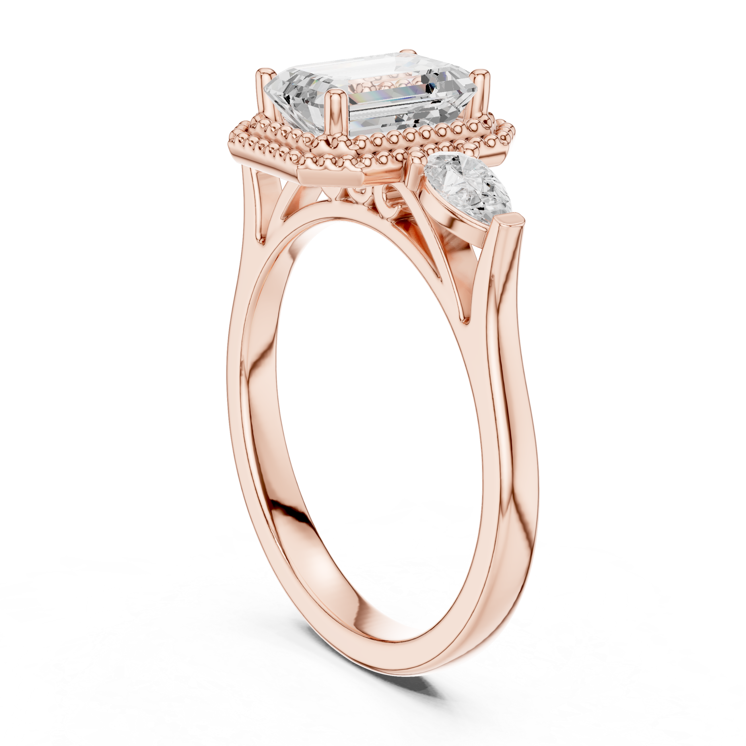 Emerald Cut Diamond Halo Ring with Pear Side Stones