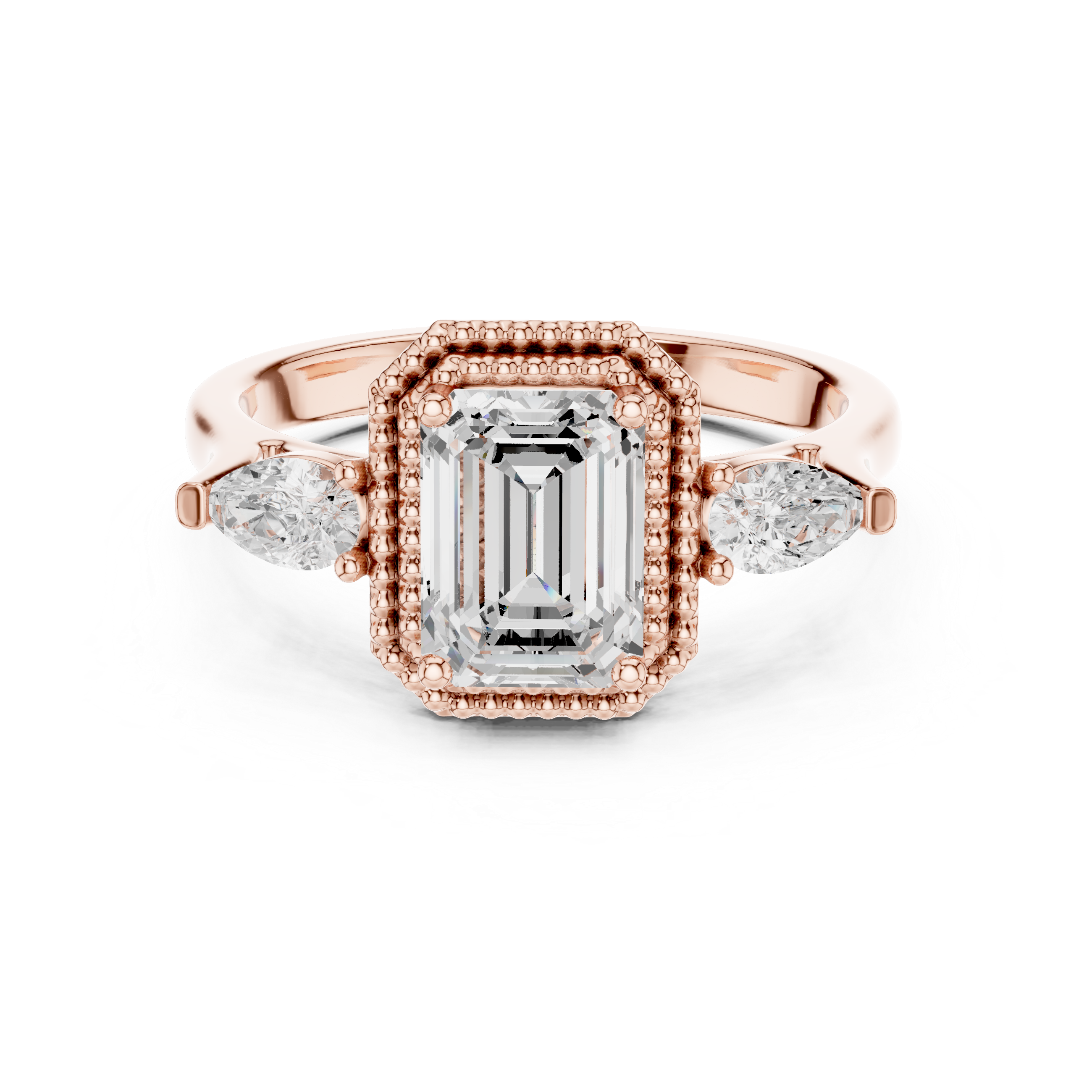 Emerald Cut Diamond Halo Ring with Pear Side Stones