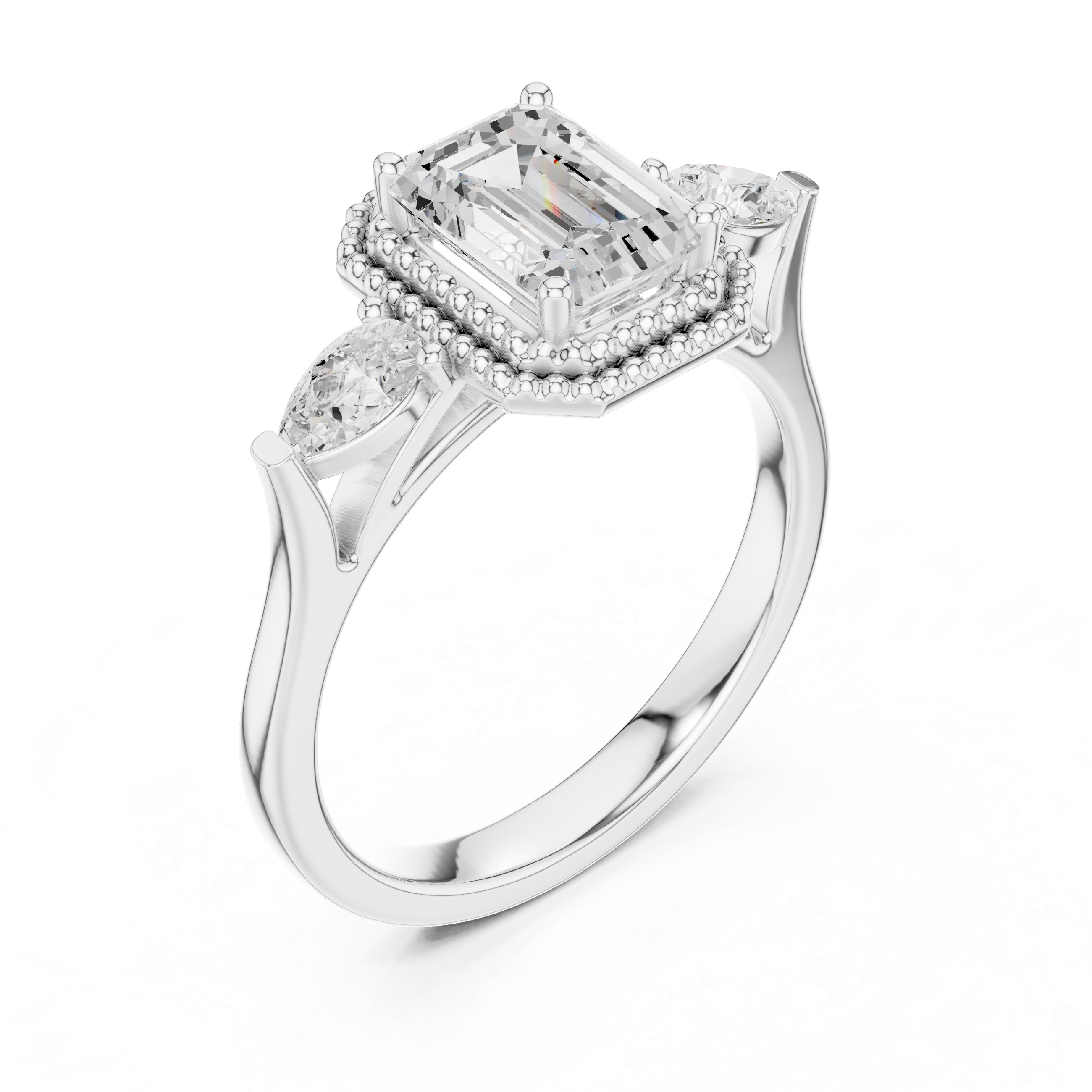 Emerald Cut Diamond Halo Ring with Pear Side Stones