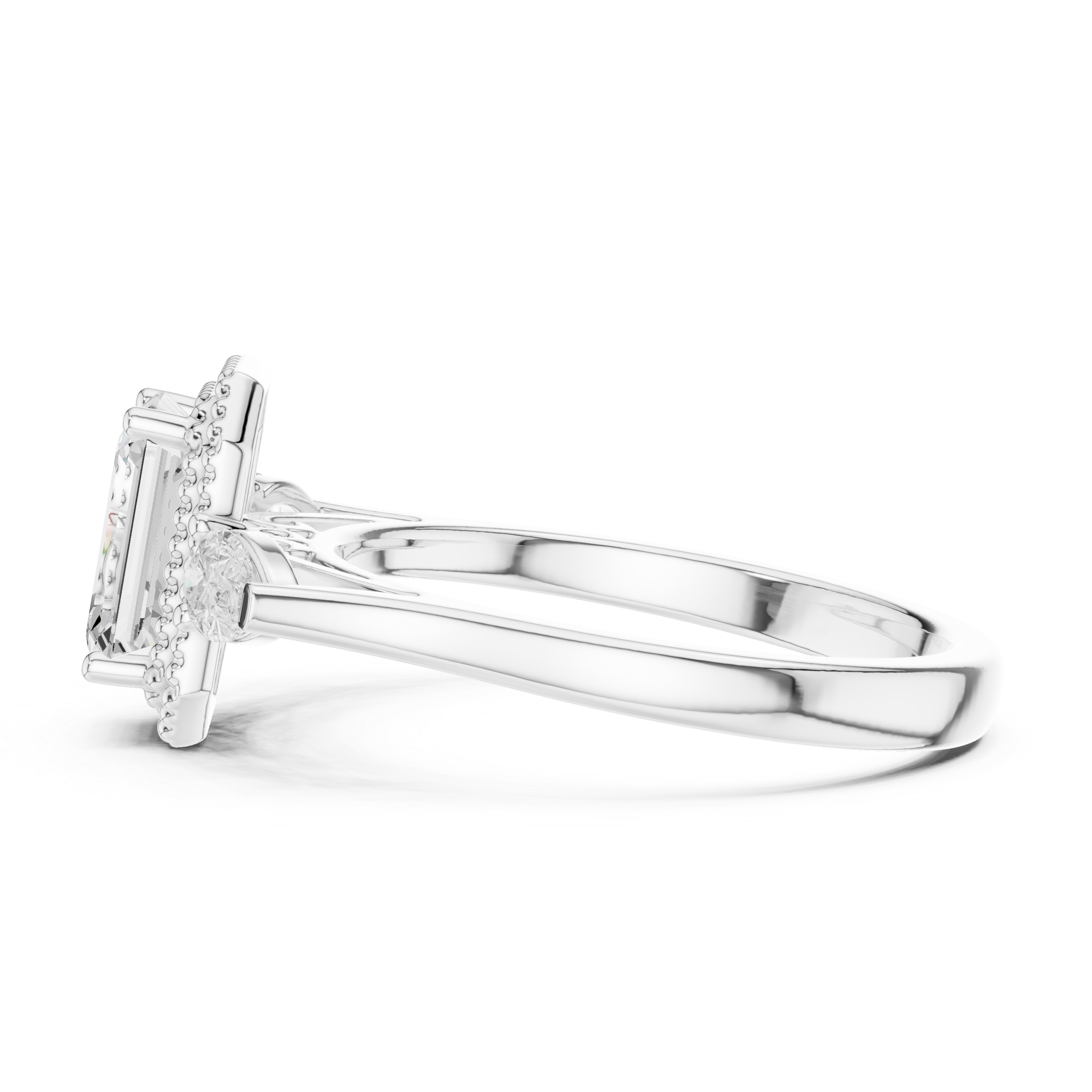 Emerald Cut Diamond Halo Ring with Pear Side Stones
