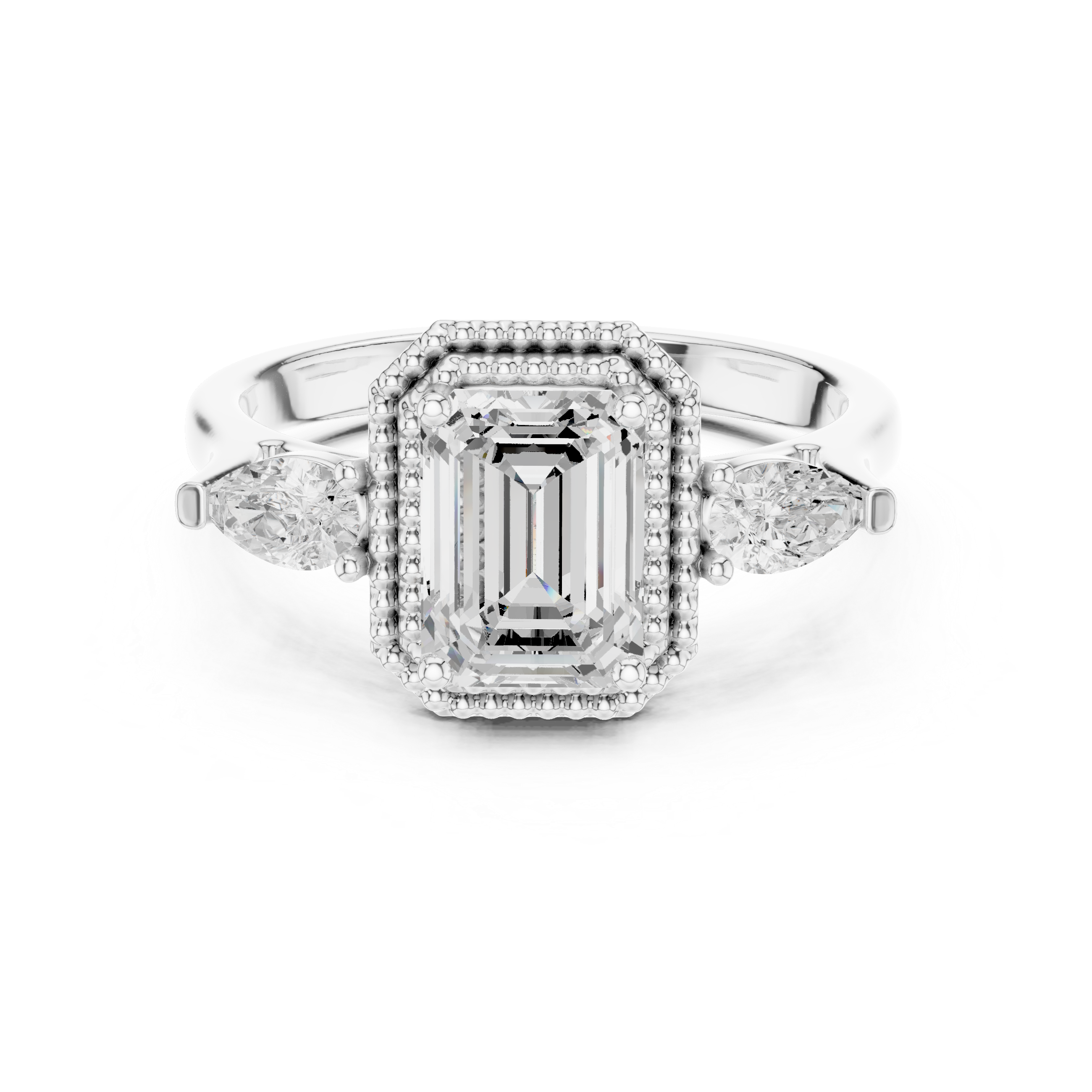 Emerald Cut Diamond Halo Ring with Pear Side Stones