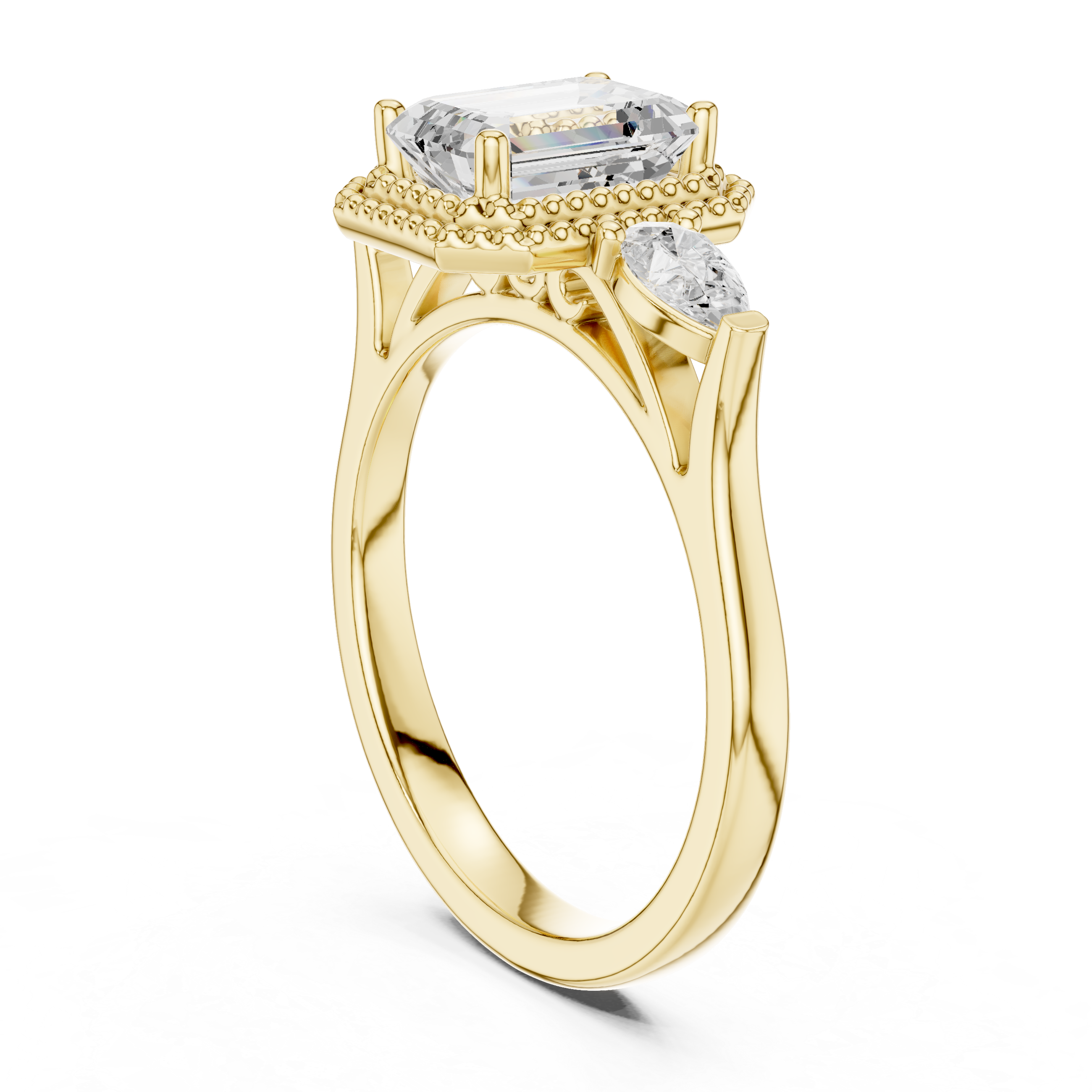 Emerald Cut Diamond Halo Ring with Pear Side Stones