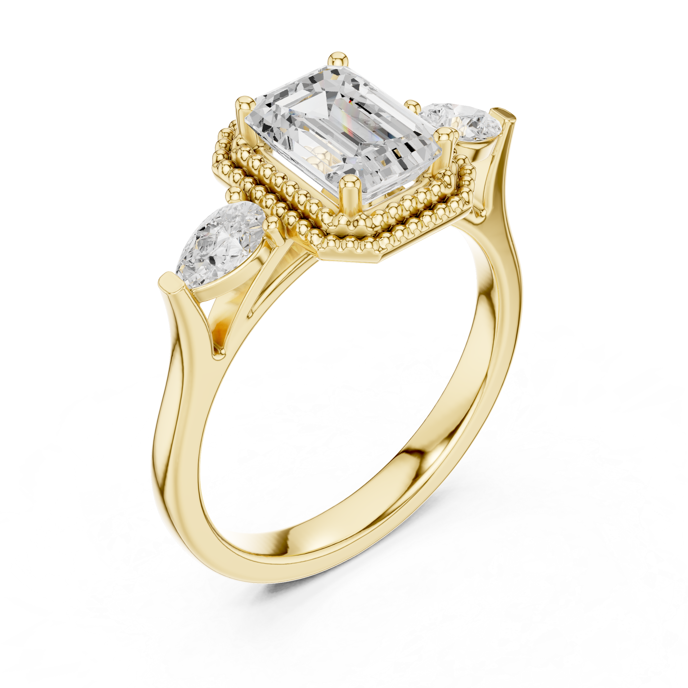Emerald Cut Diamond Halo Ring with Pear Side Stones