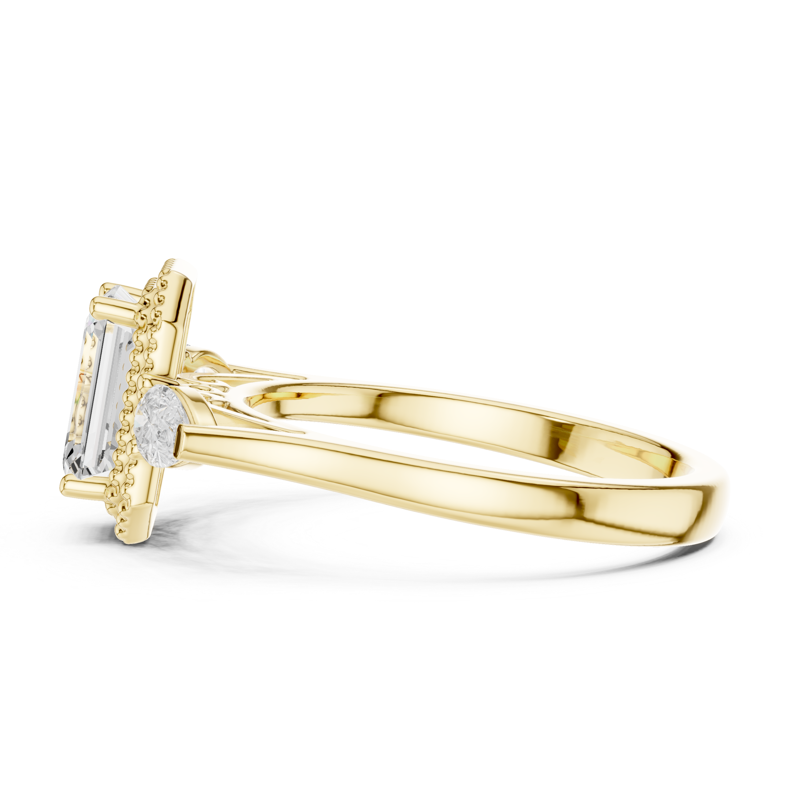 Emerald Cut Diamond Halo Ring with Pear Side Stones