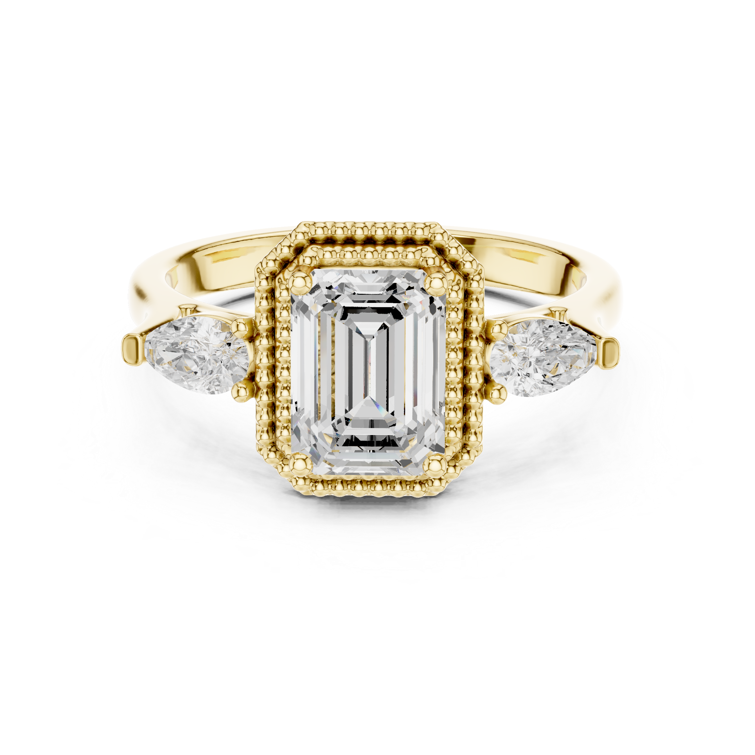 Emerald Cut Diamond Halo Ring with Pear Side Stones