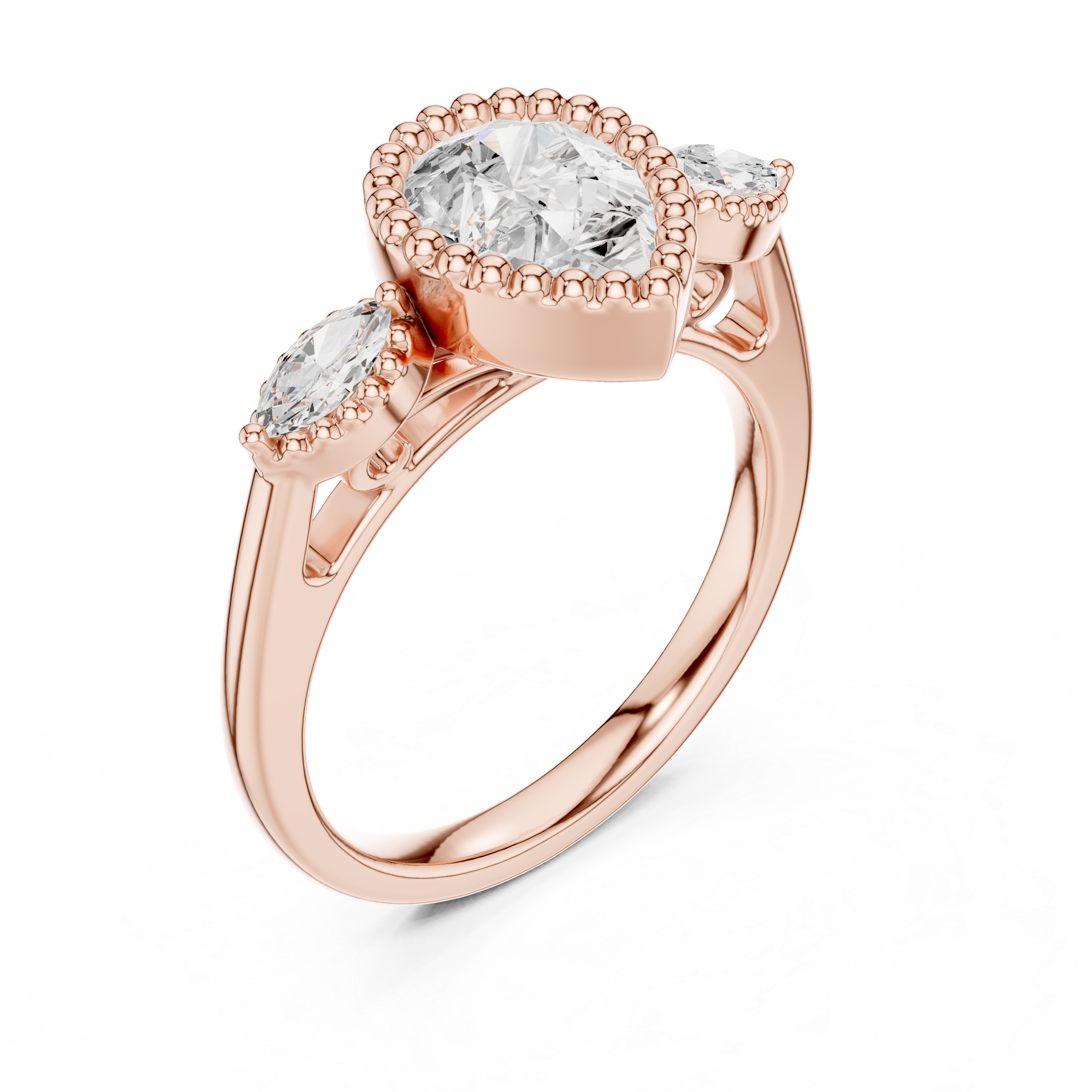 Pear Shaped Diamond Halo Ring with Marquise Side Stones