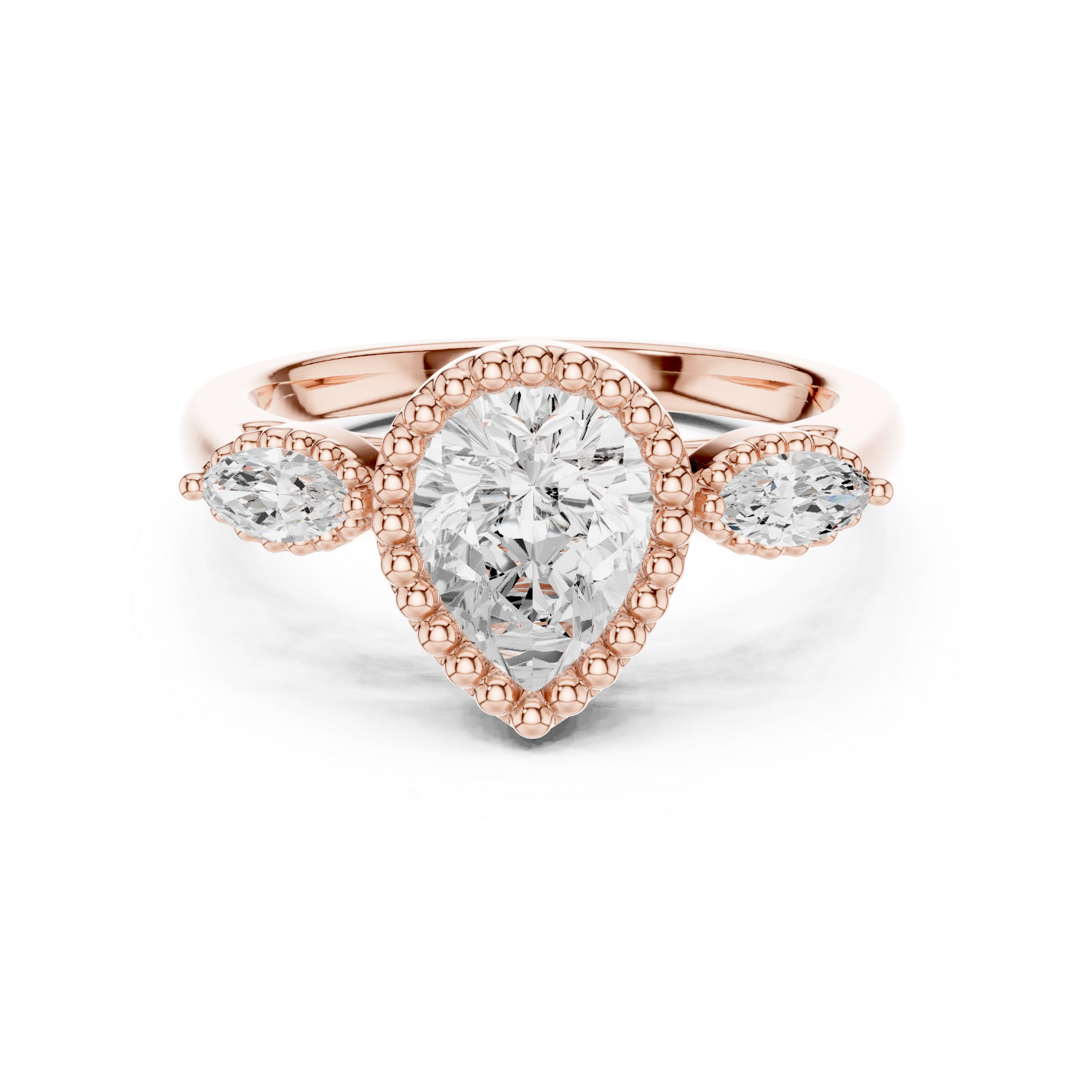 Pear Shaped Diamond Halo Ring with Marquise Side Stones
