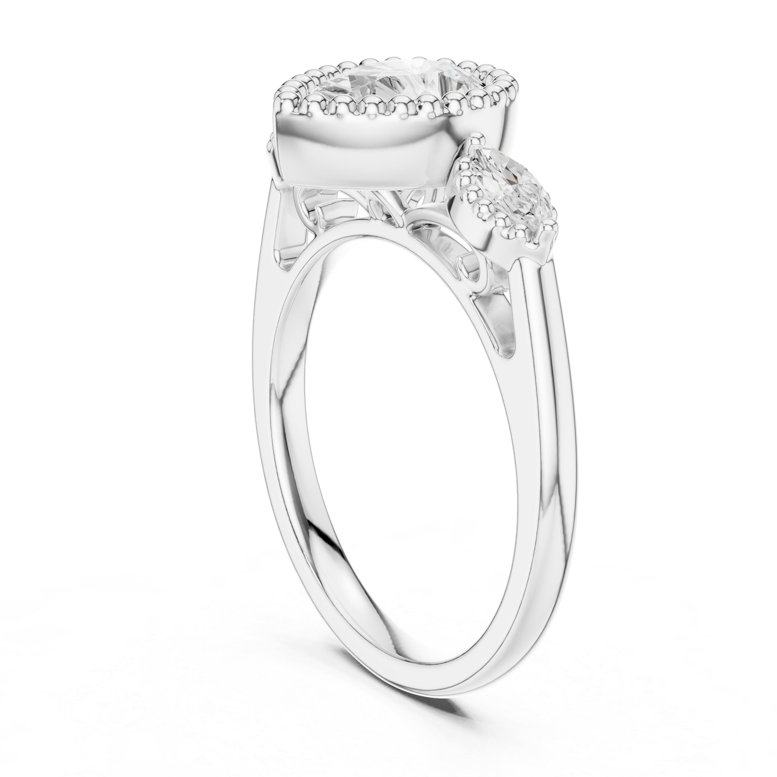Pear Shaped Diamond Halo Ring with Marquise Side Stones