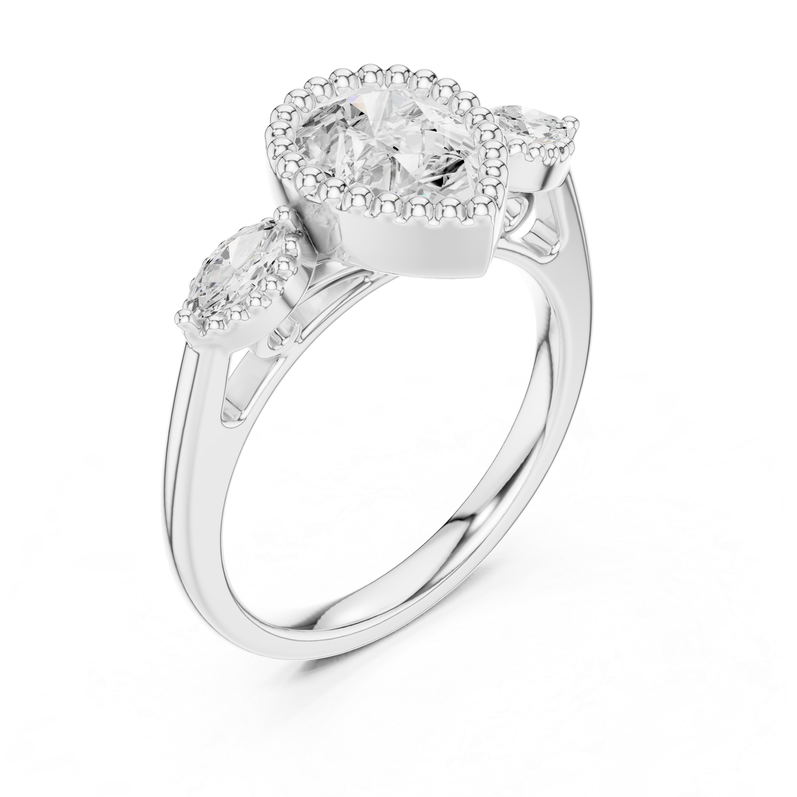 Pear Shaped Diamond Halo Ring with Marquise Side Stones