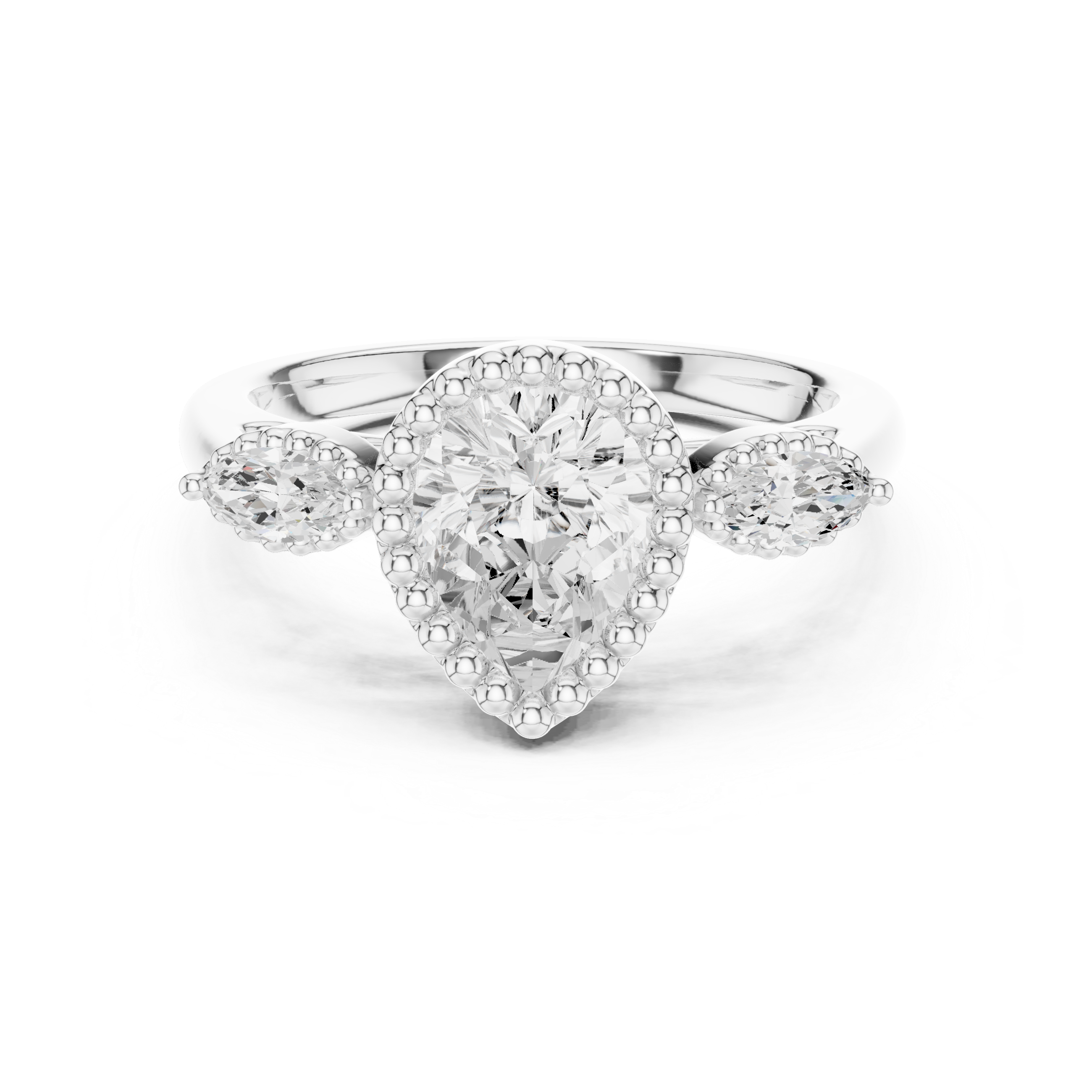 Pear Shaped Diamond Halo Ring with Marquise Side Stones