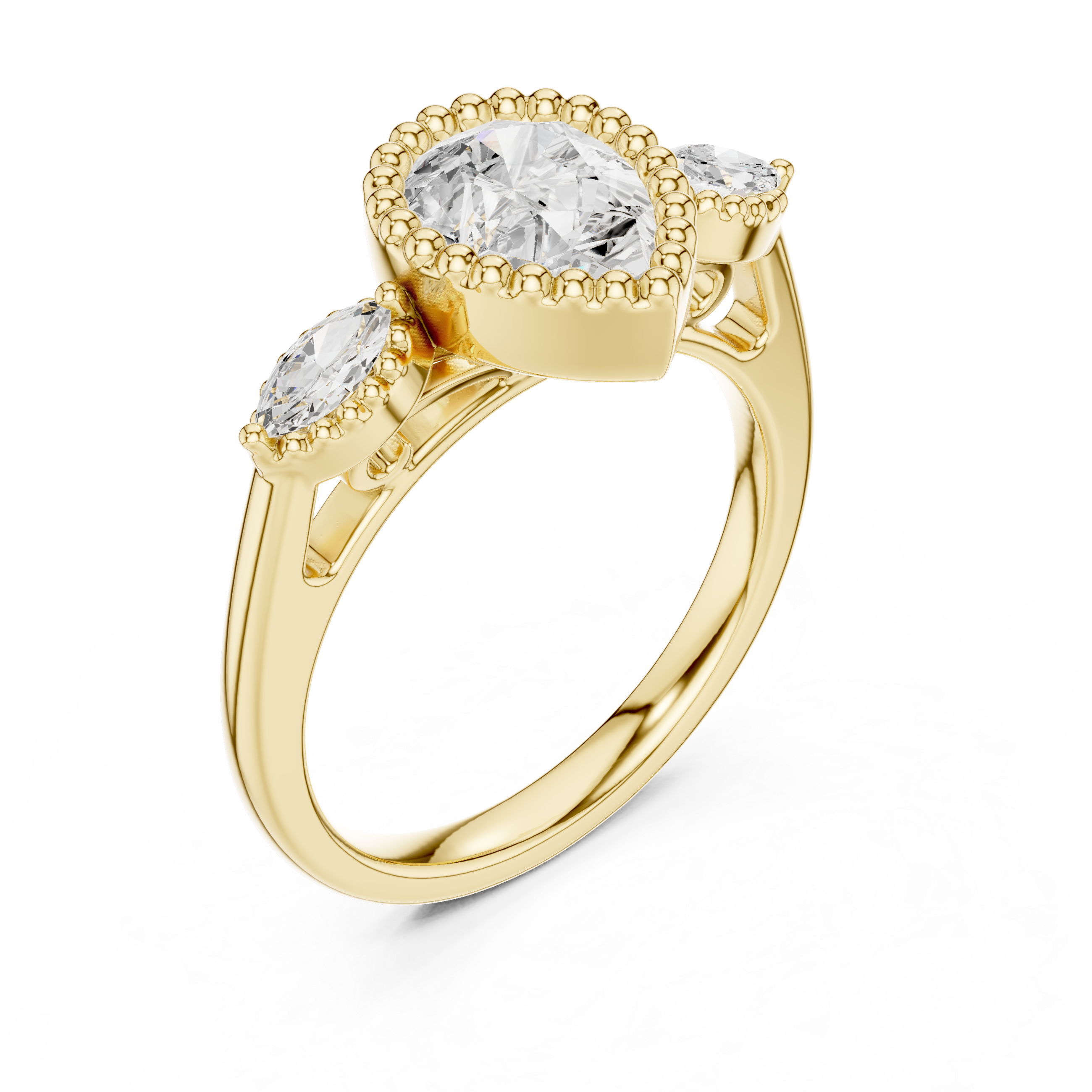 Pear Shaped Diamond Halo Ring with Marquise Side Stones