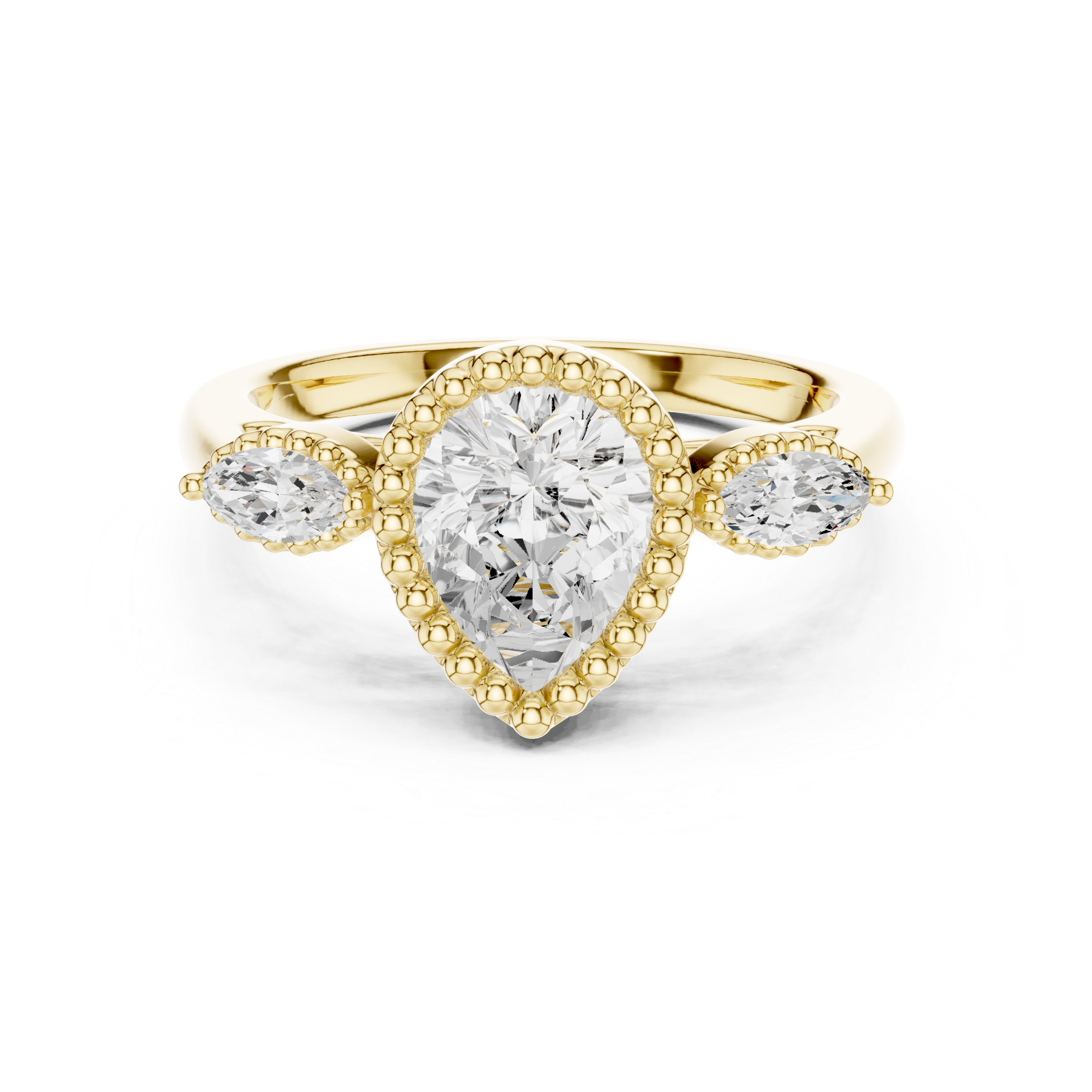 Pear Shaped Diamond Halo Ring with Marquise Side Stones