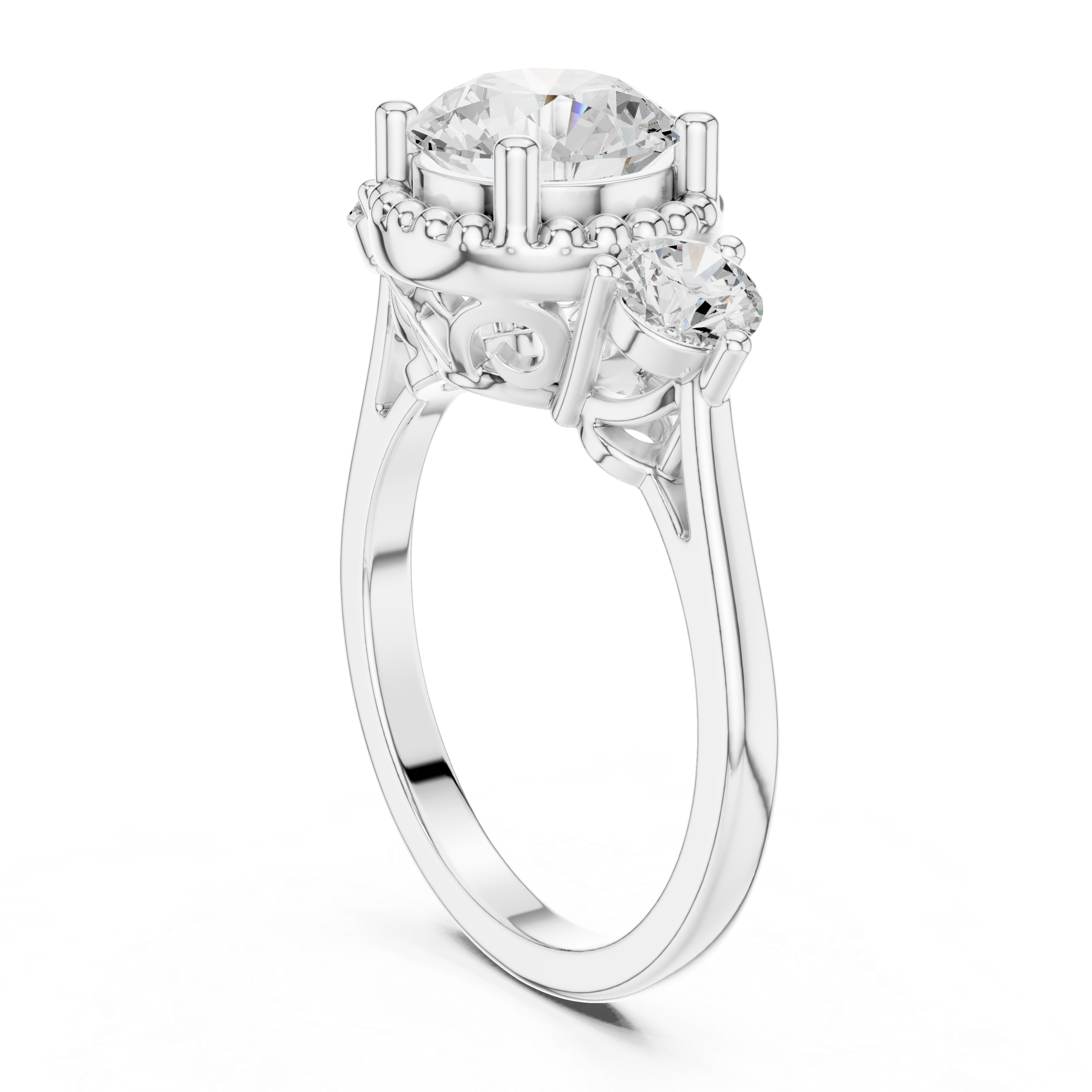 Round Cut Diamond Halo Ring with Side Stones