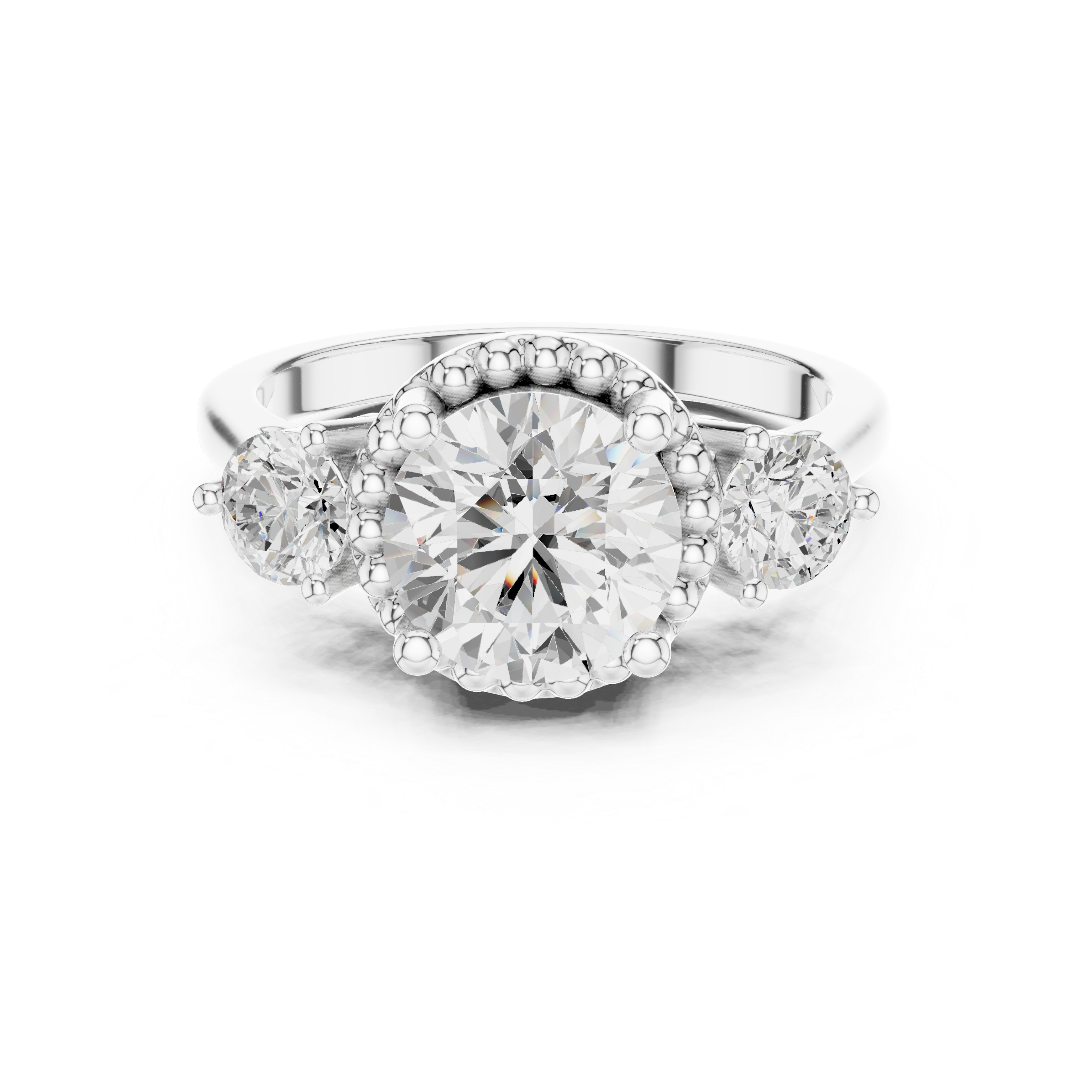 Round Cut Diamond Halo Ring with Side Stones