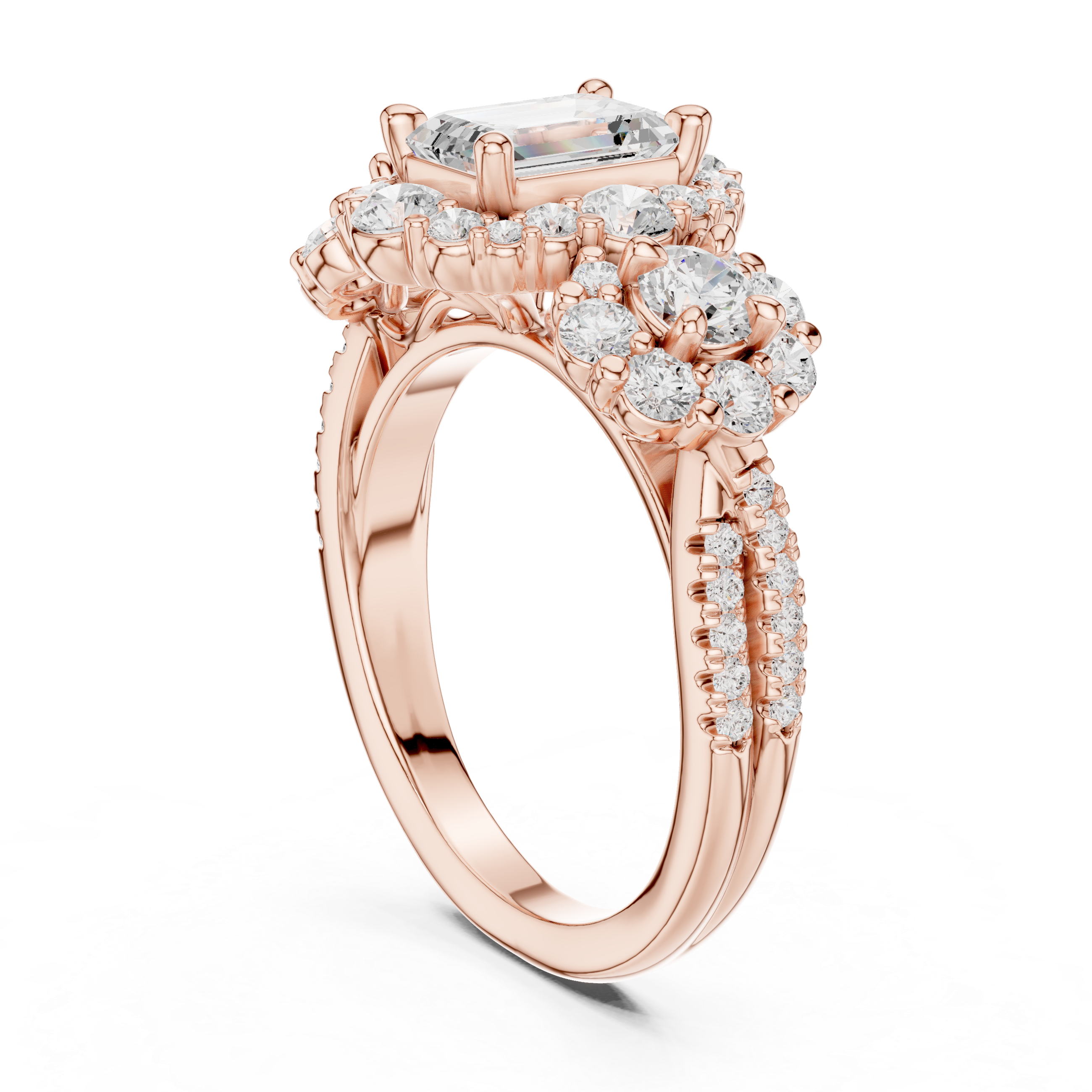 Emerald Cut Diamond Ring with Double Halo and Cluster Side Accents