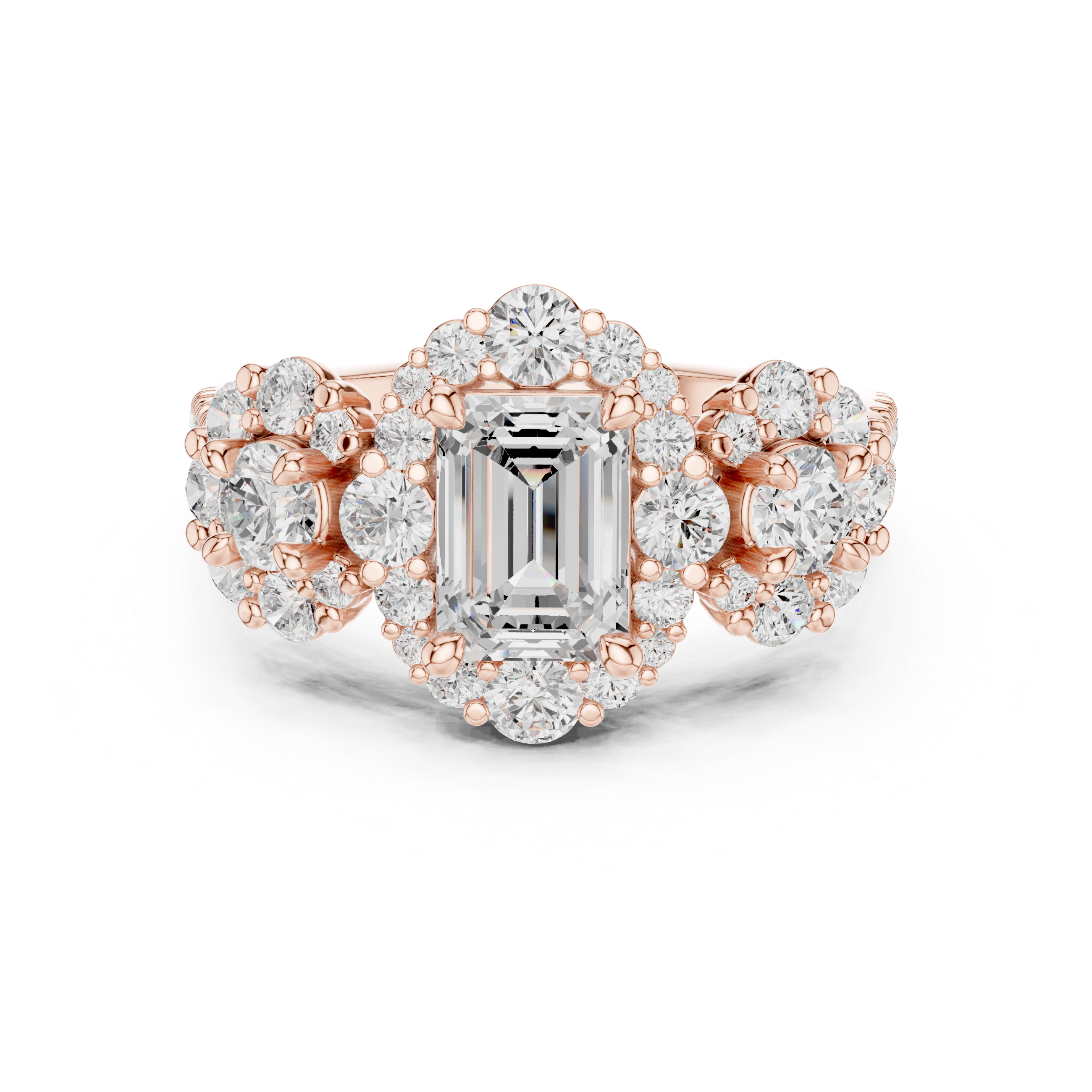 Emerald Cut Diamond Ring with Double Halo and Cluster Side Accents
