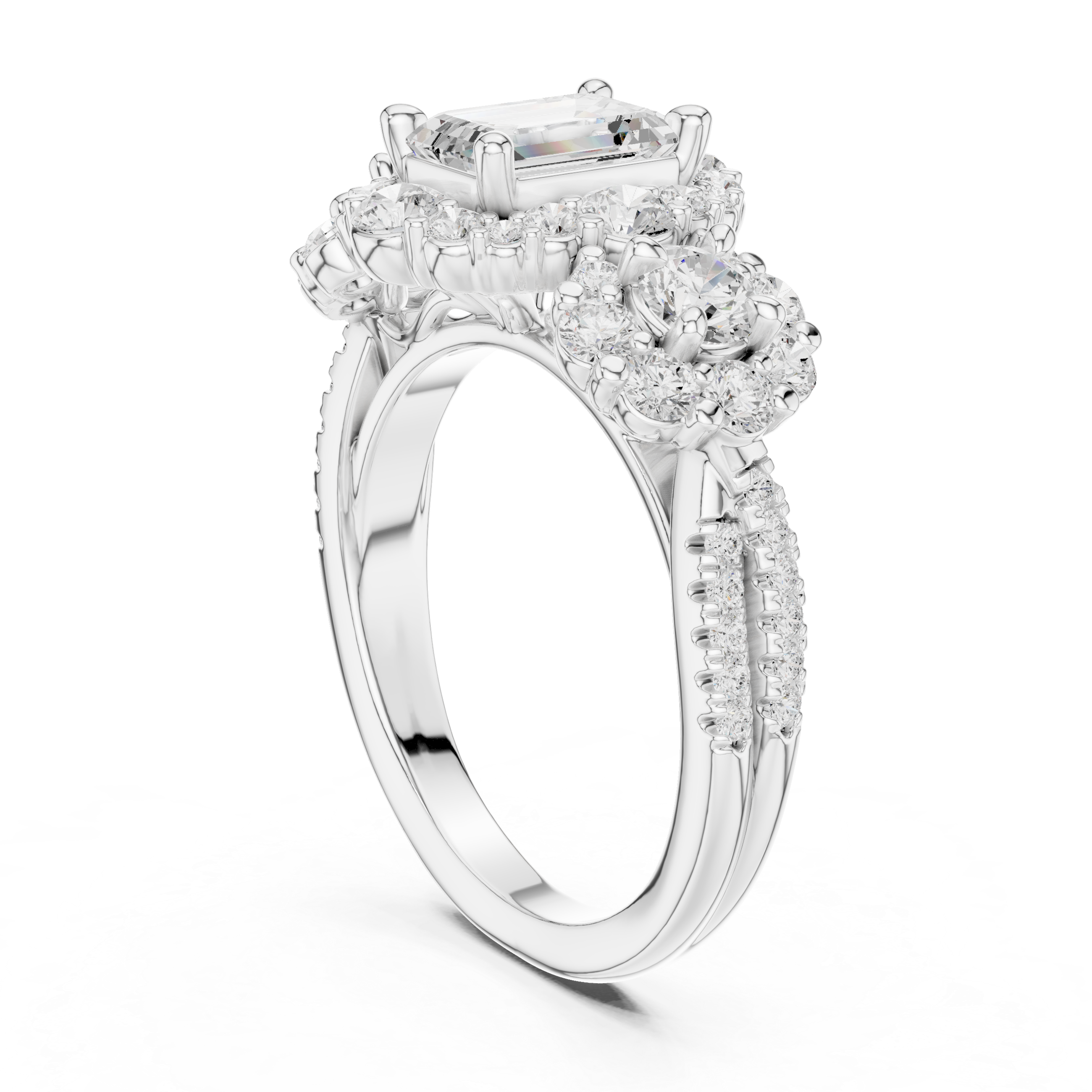 Emerald Cut Diamond Ring with Double Halo and Cluster Side Accents