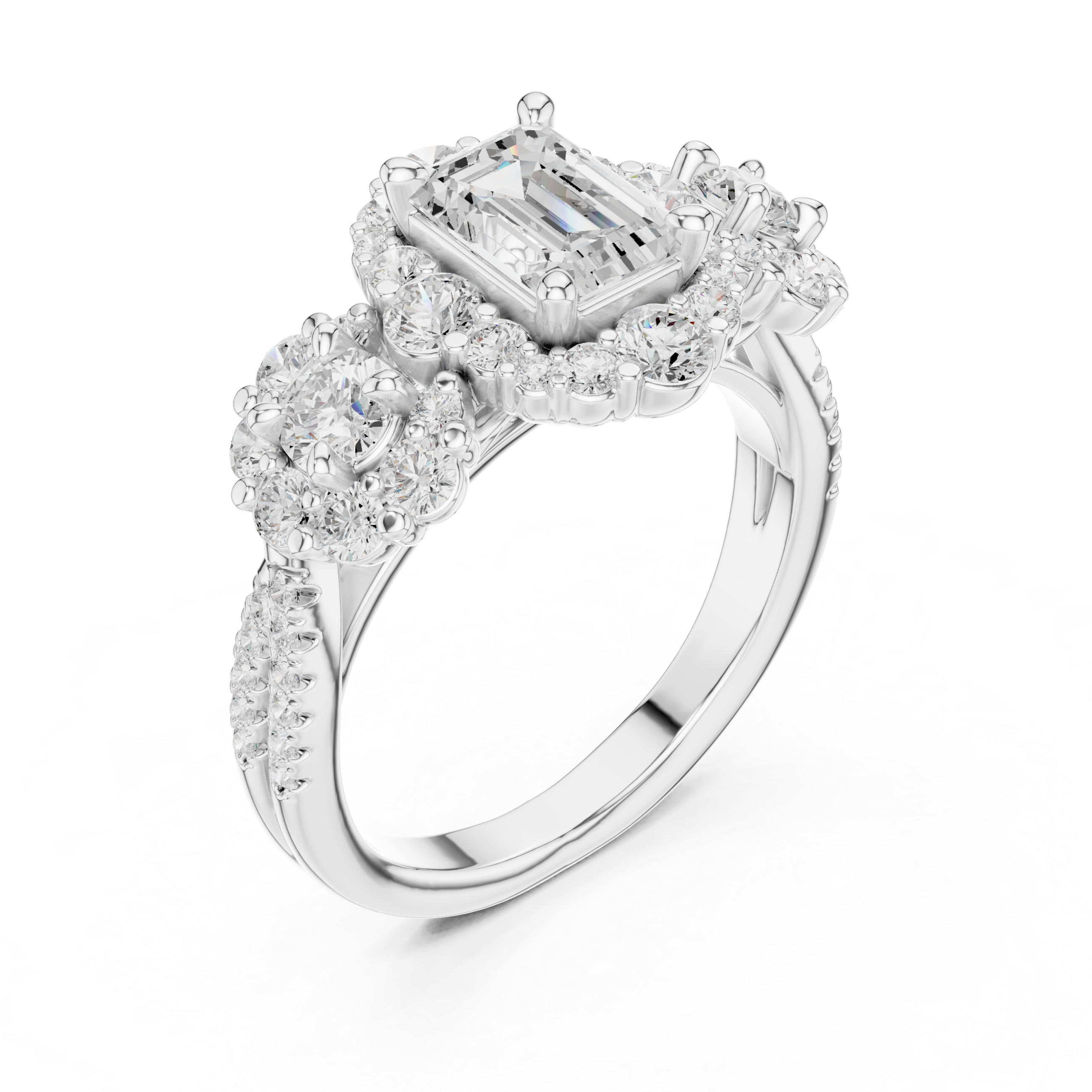 Emerald Cut Diamond Ring with Double Halo and Cluster Side Accents