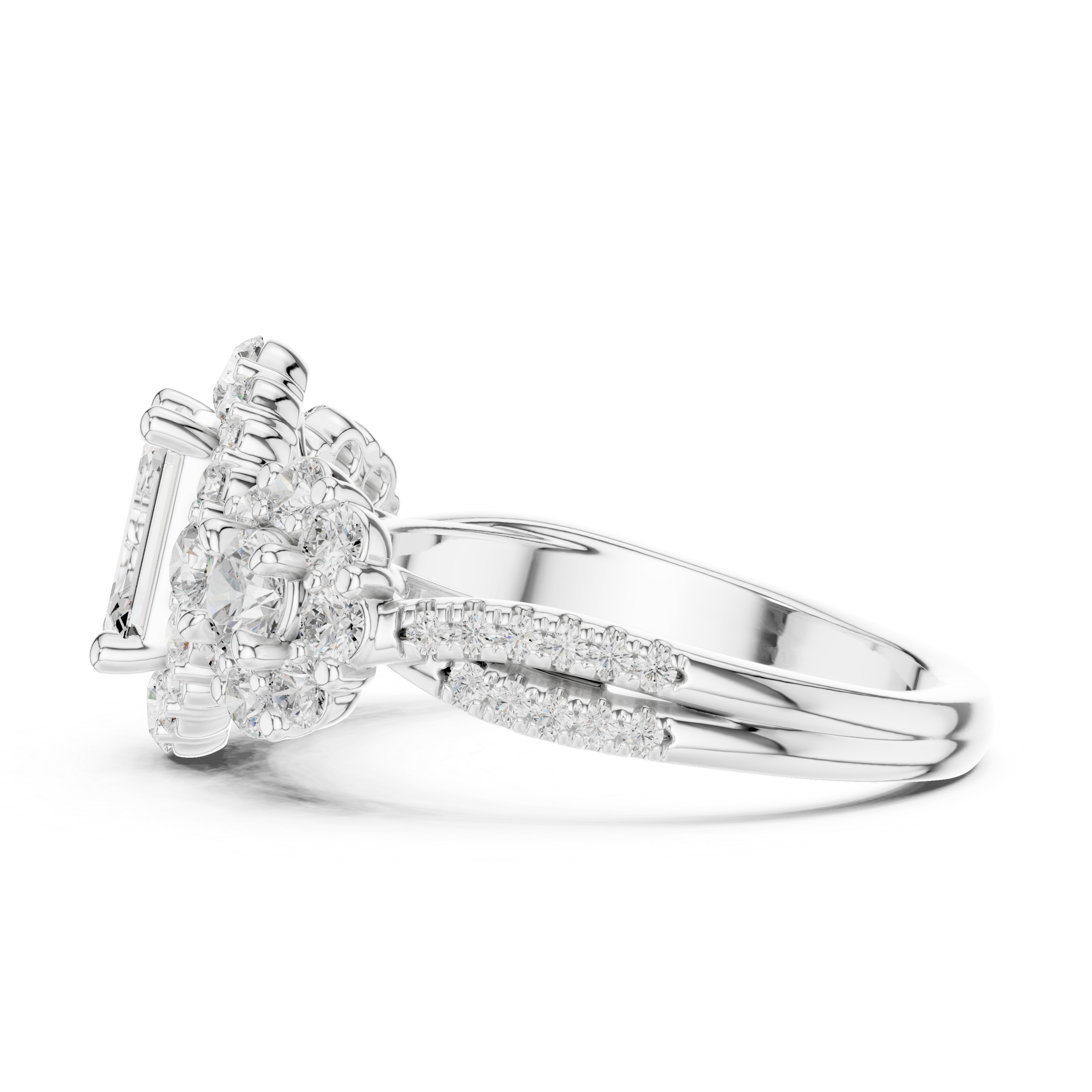 Emerald Cut Diamond Ring with Double Halo and Cluster Side Accents