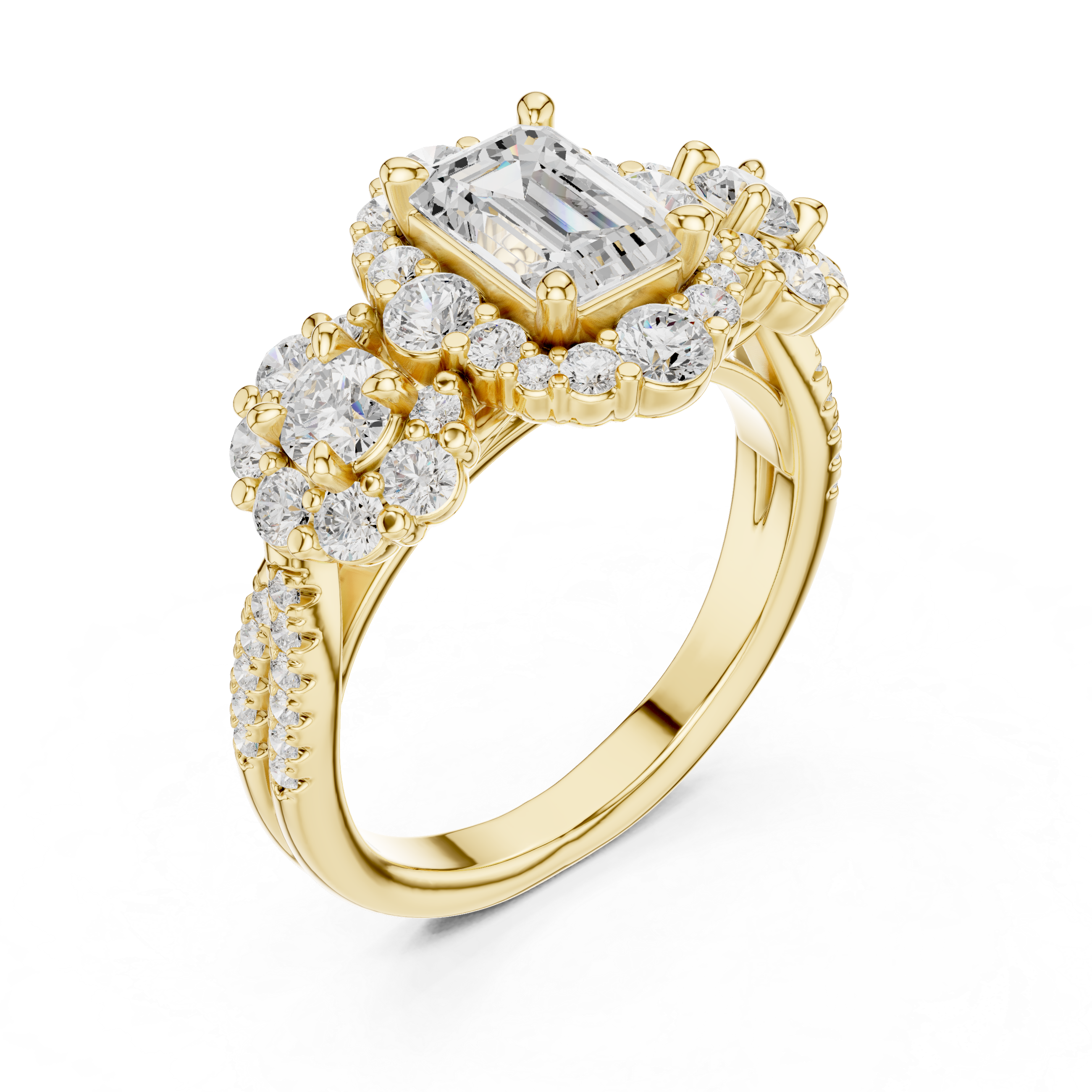 Emerald Cut Diamond Ring with Double Halo and Cluster Side Accents