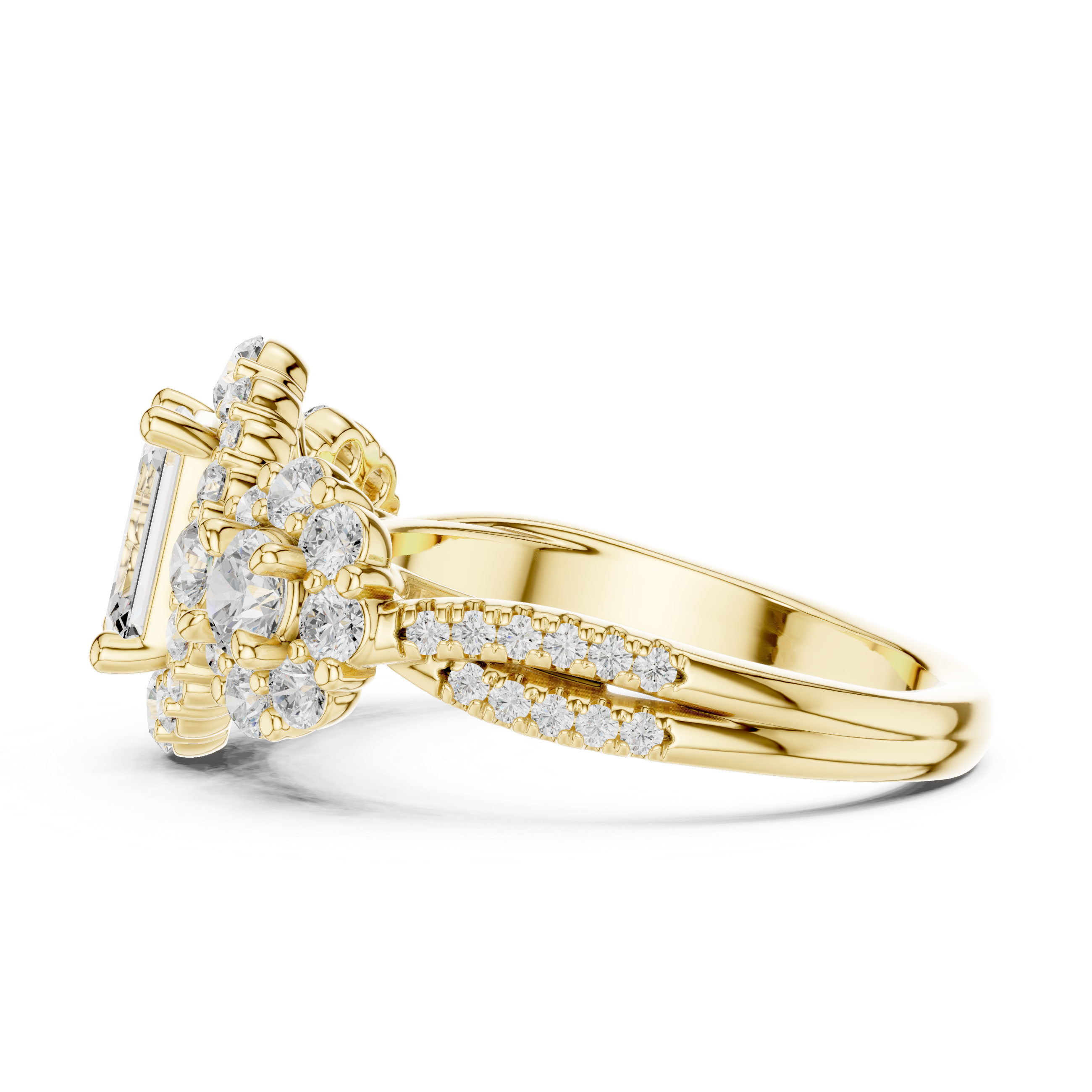 Emerald Cut Diamond Ring with Double Halo and Cluster Side Accents