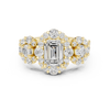 Emerald Cut Diamond Ring with Double Halo and Cluster Side Accents