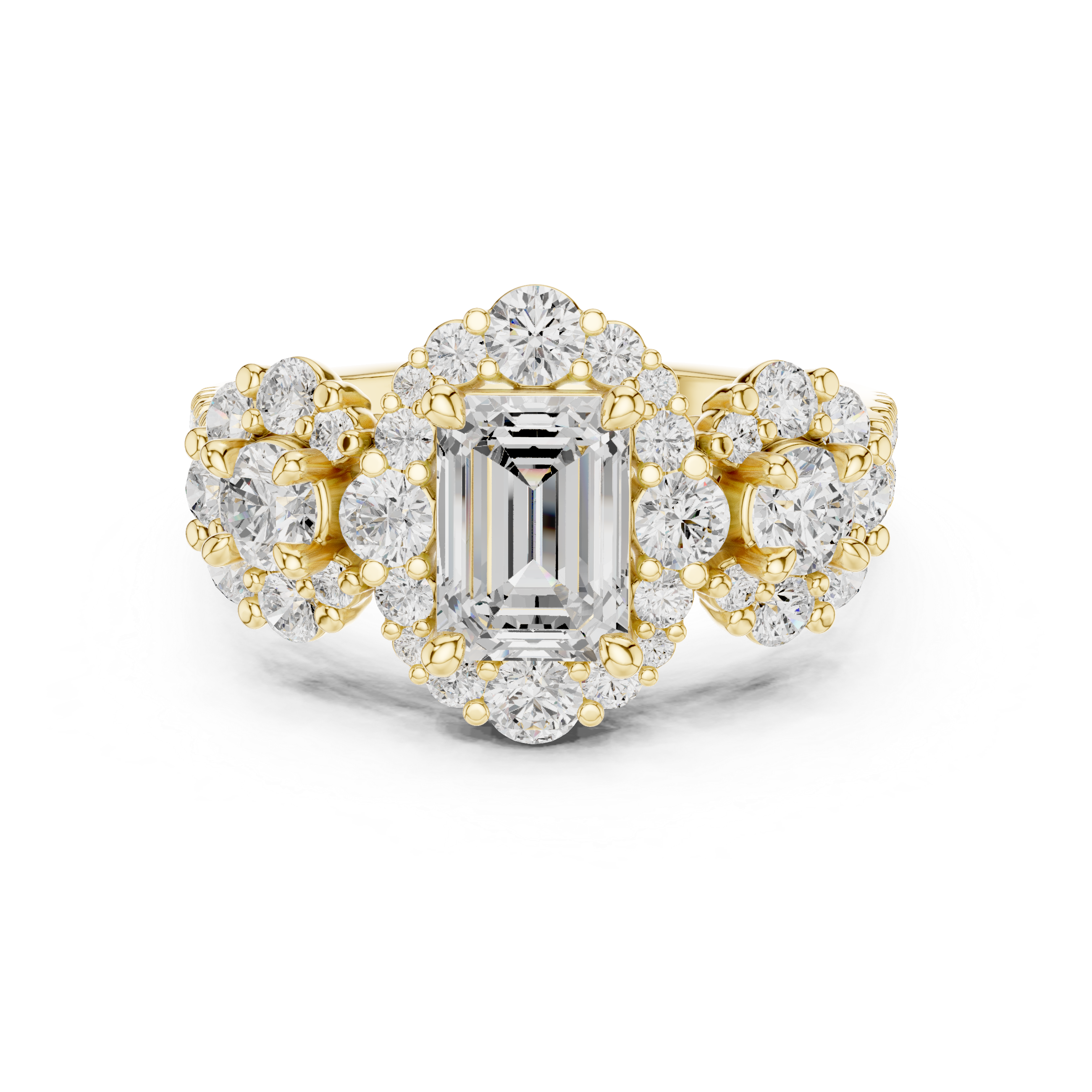 Emerald Cut Diamond Ring with Double Halo and Cluster Side Accents