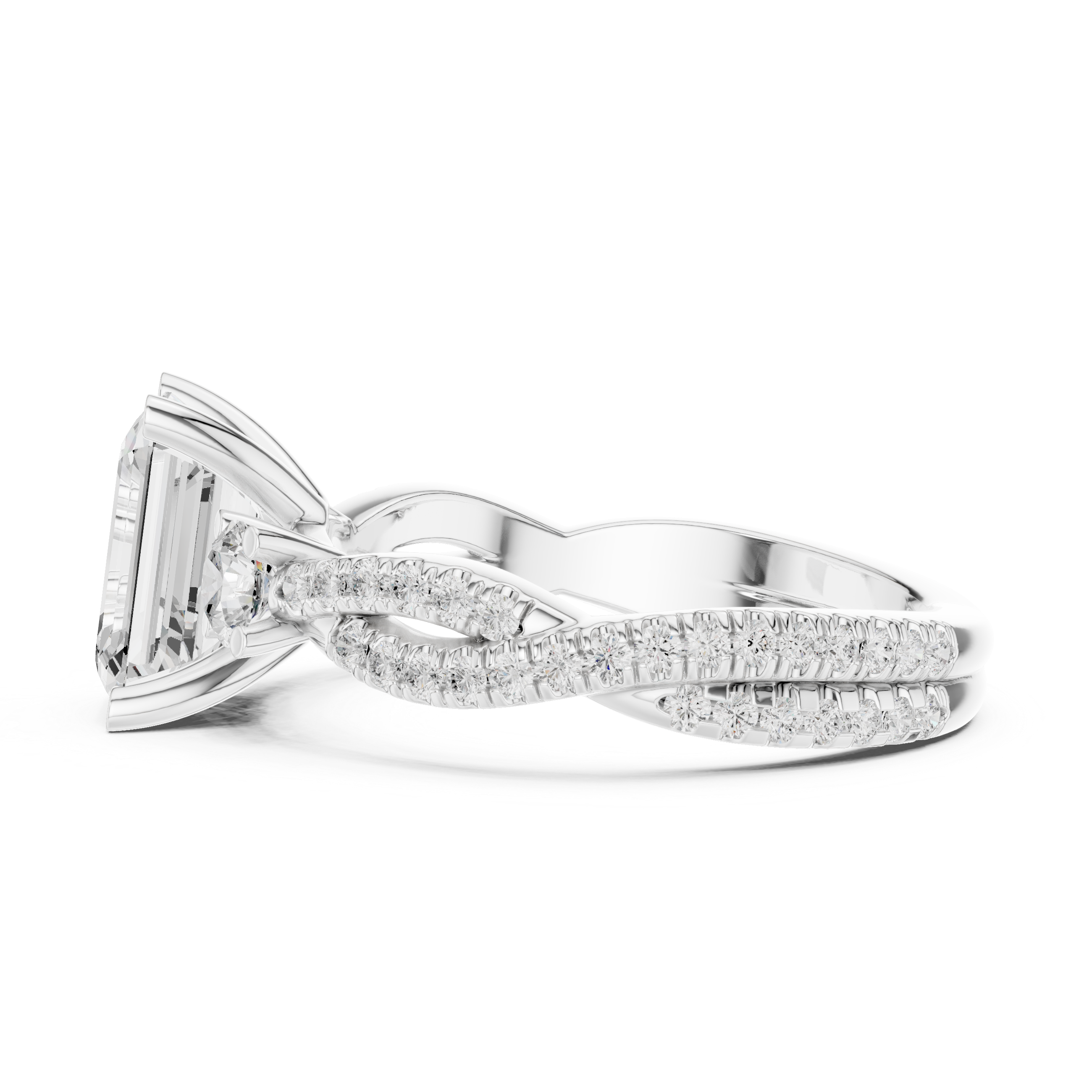 Emerald Cut Diamond Ring with Twisted Pav‚ Band and Side Stones