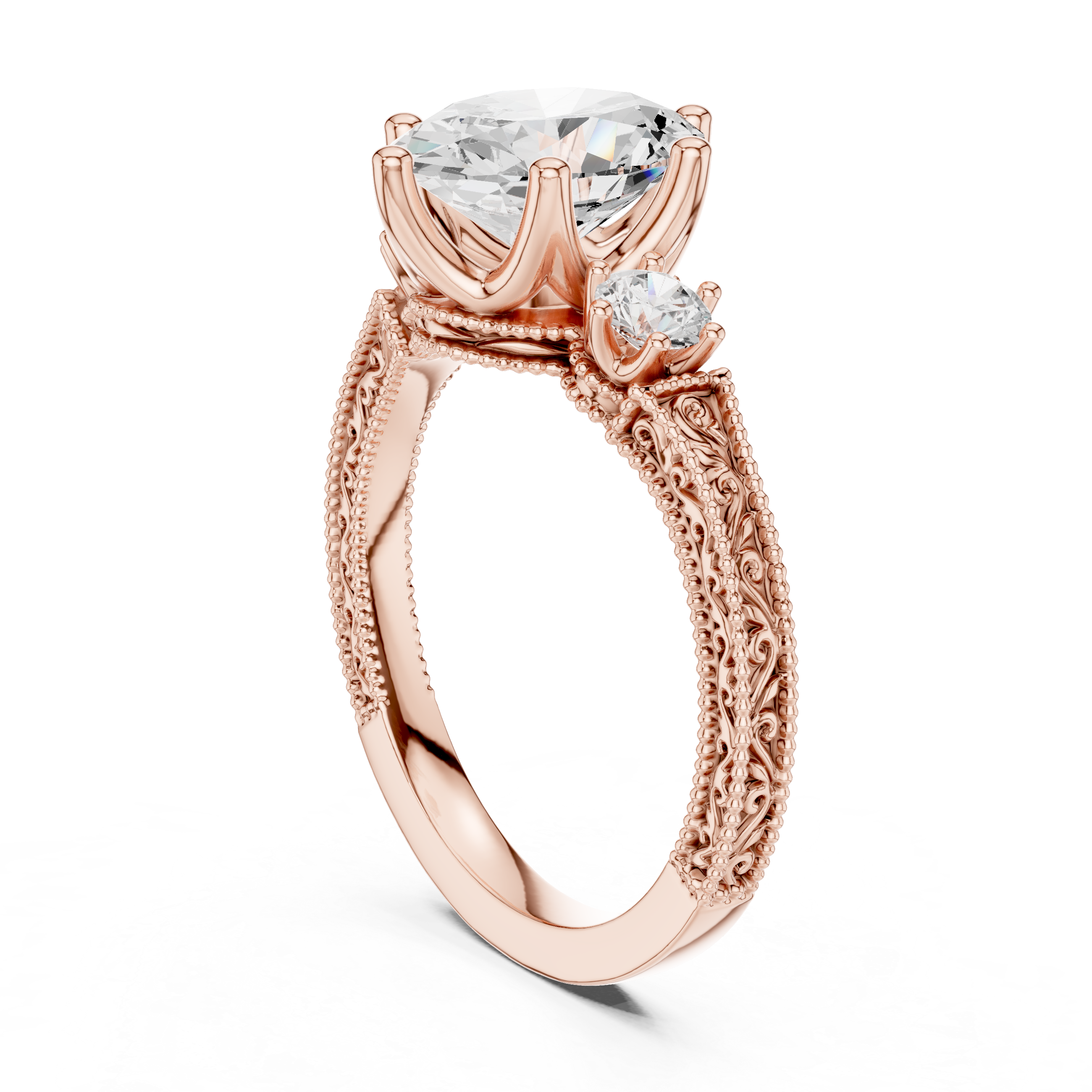 Oval-Cut Diamond Ring with Intricate Filigree Band and Side Stones