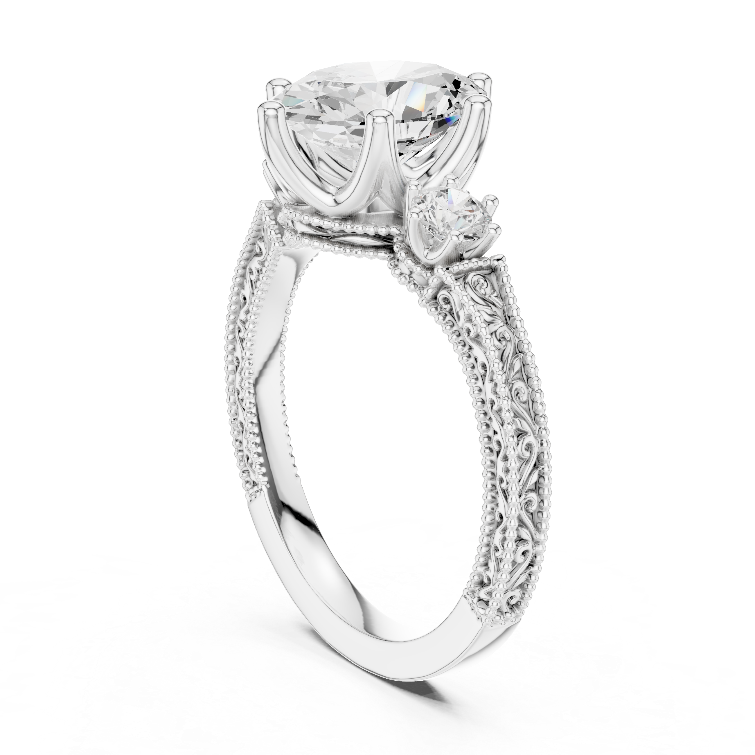 Oval-Cut Diamond Ring with Intricate Filigree Band and Side Stones