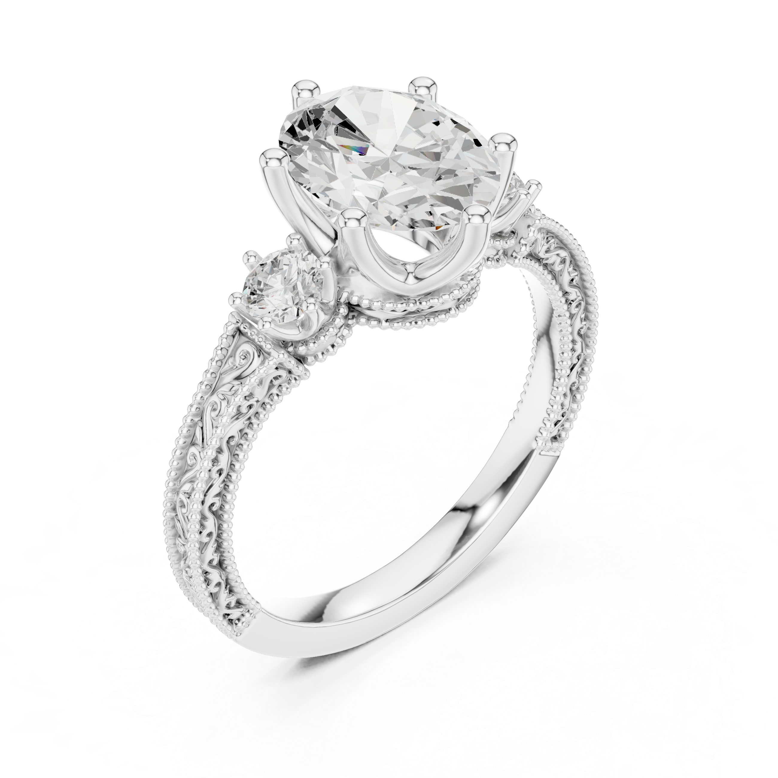 Oval-Cut Diamond Ring with Intricate Filigree Band and Side Stones