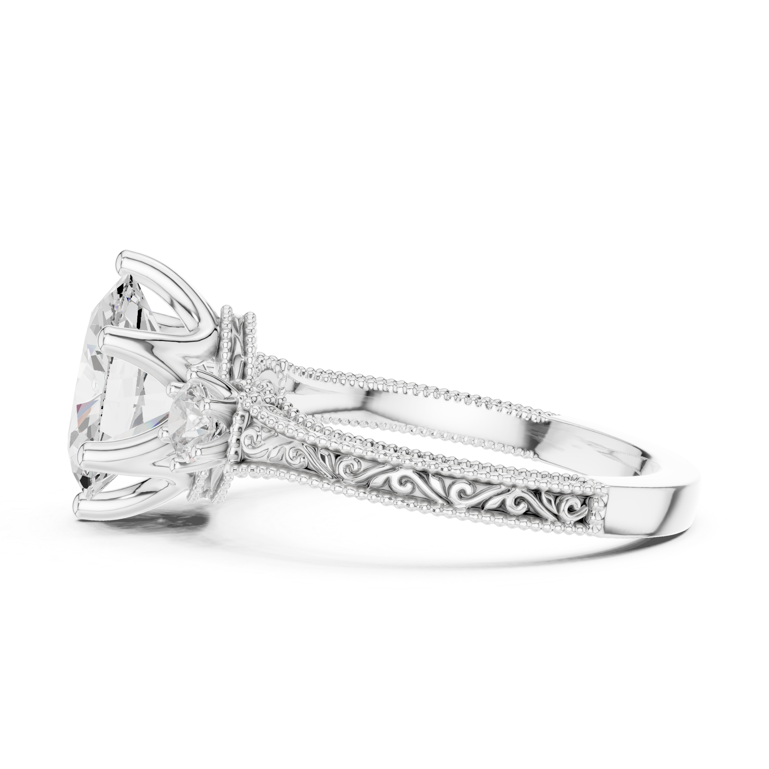 Oval-Cut Diamond Ring with Intricate Filigree Band and Side Stones