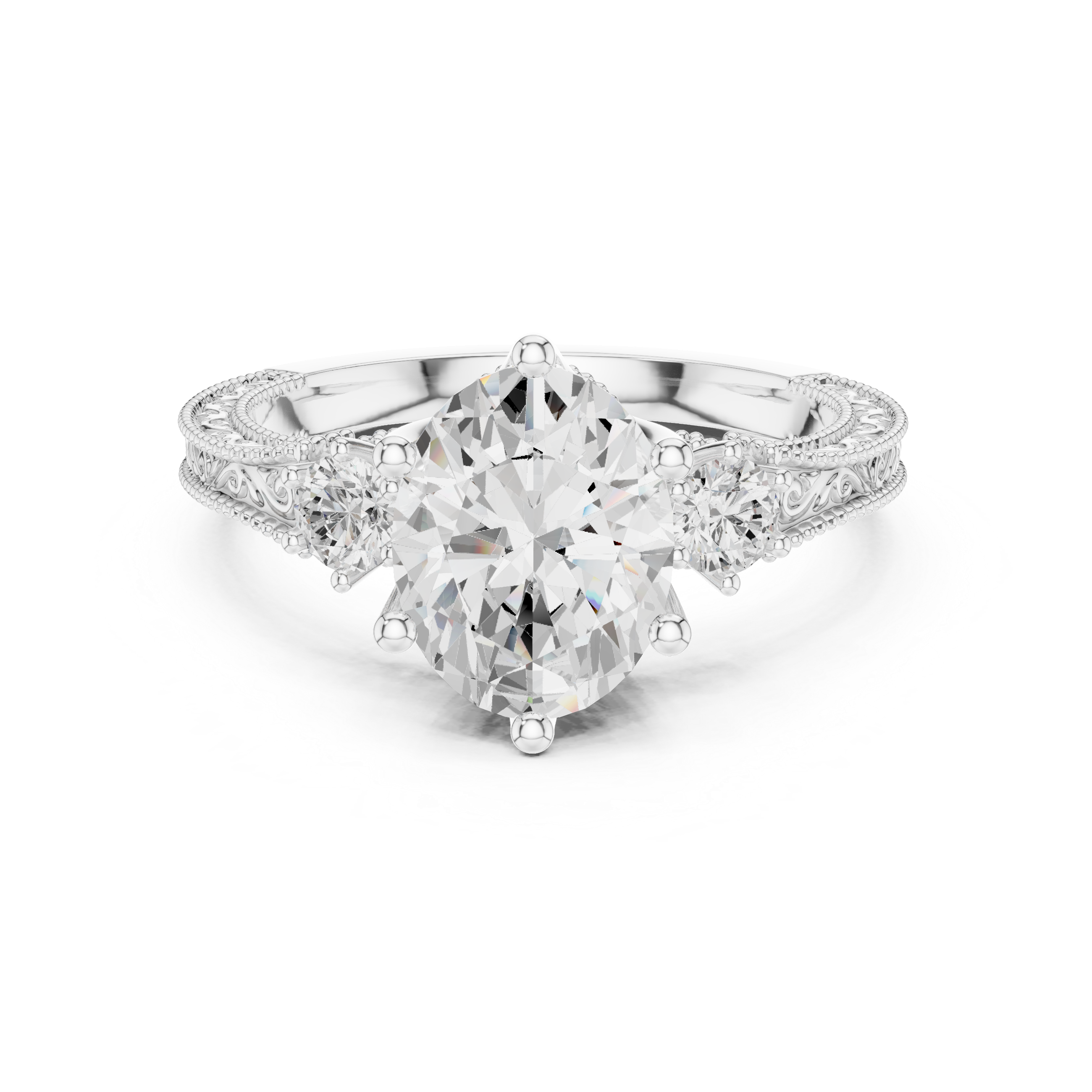 Oval-Cut Diamond Ring with Intricate Filigree Band and Side Stones