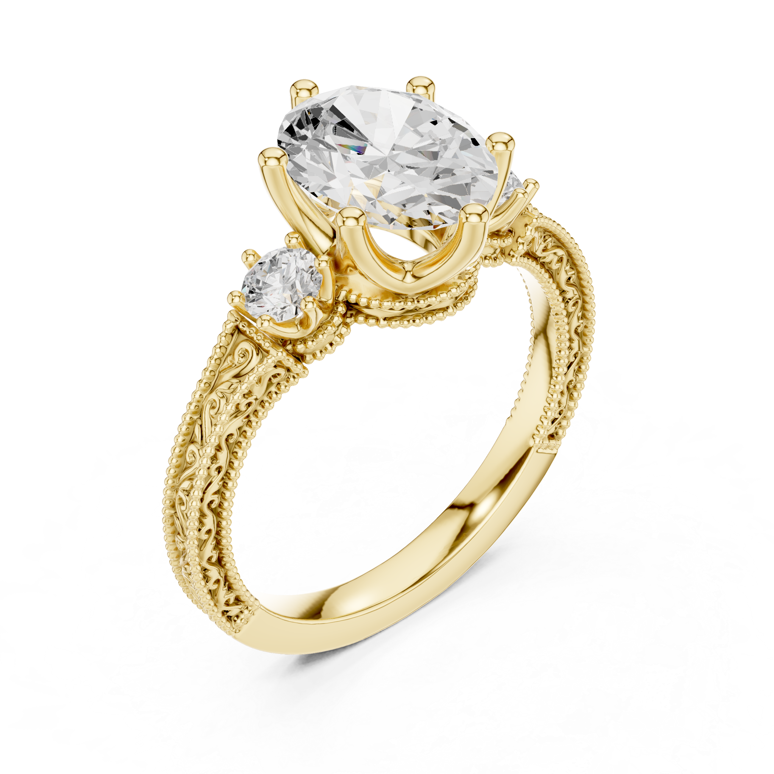 Oval-Cut Diamond Ring with Intricate Filigree Band and Side Stones