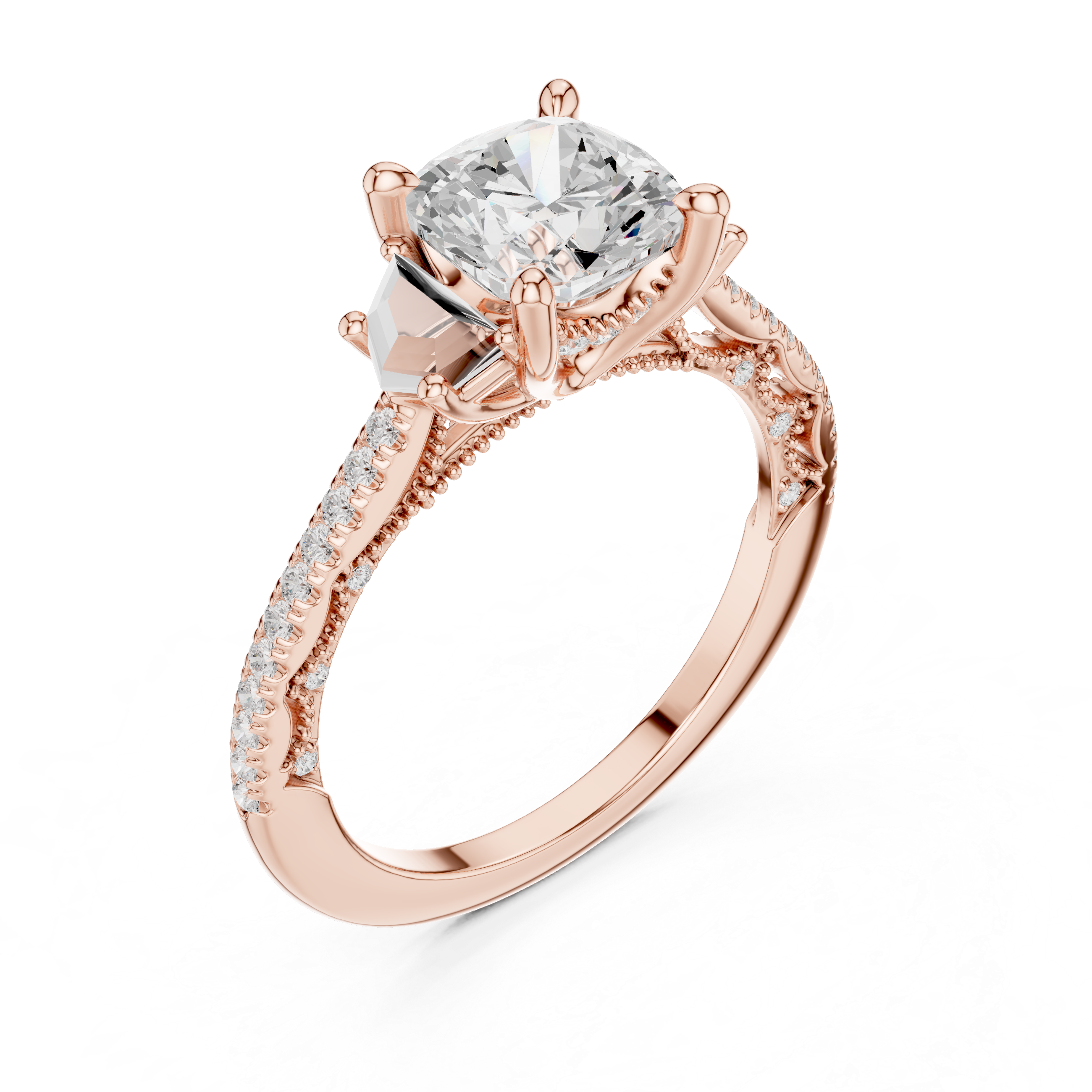 Cushion-Cut Diamond Ring with Trapezoid Side Stones and Pave Band