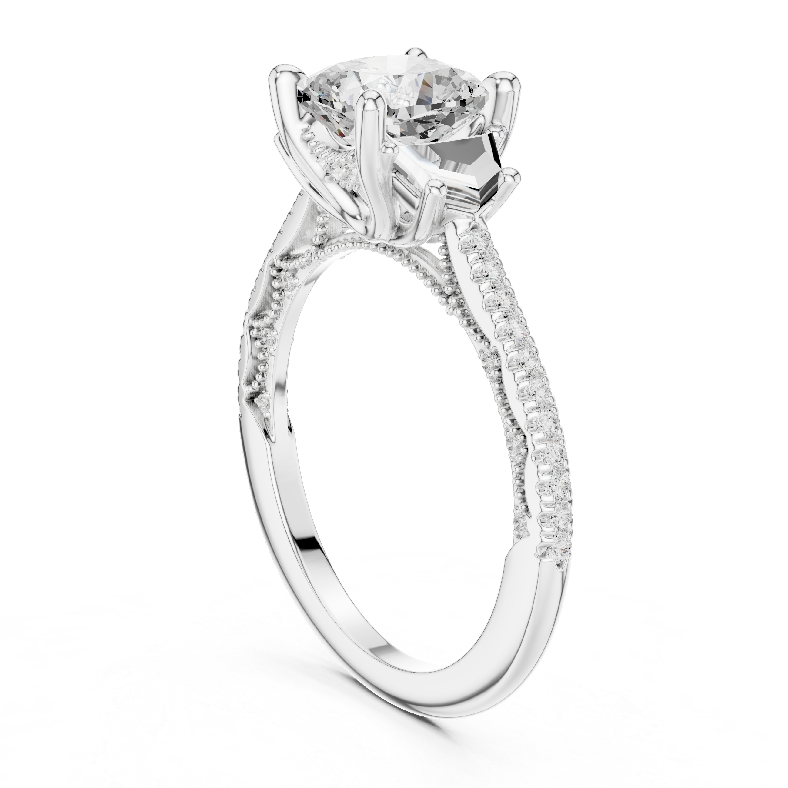 Cushion-Cut Diamond Ring with Trapezoid Side Stones and Pave Band