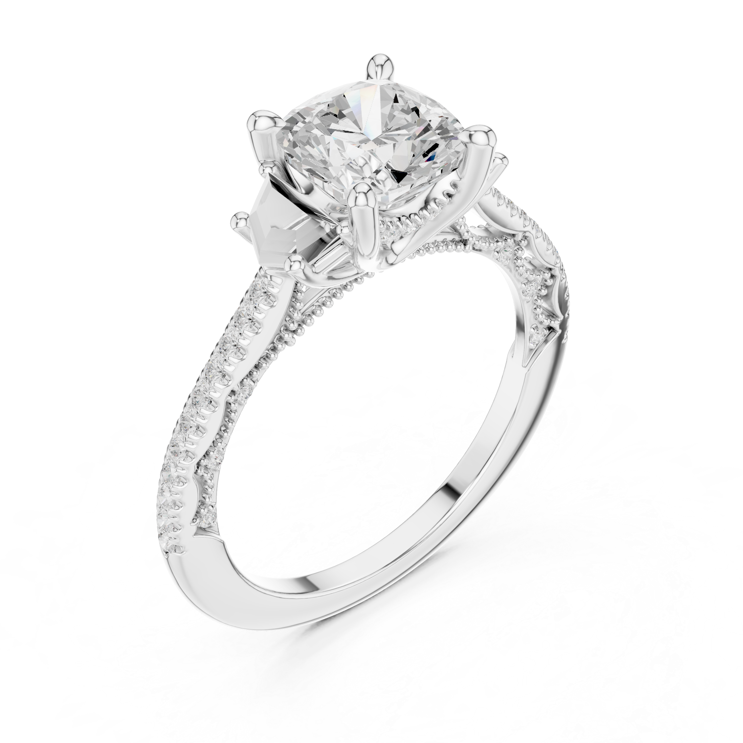 Cushion-Cut Diamond Ring with Trapezoid Side Stones and Pave Band