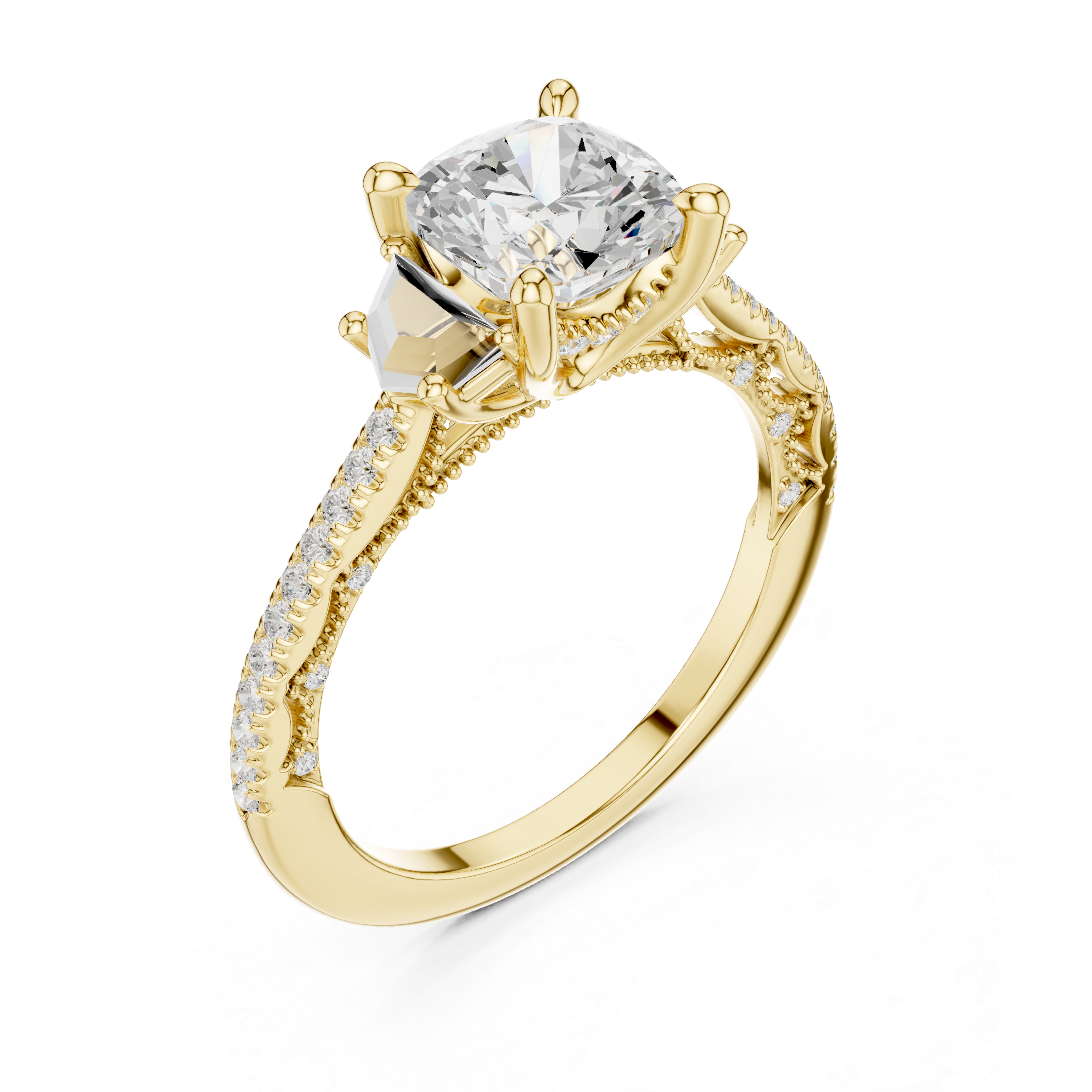 Cushion-Cut Diamond Ring with Trapezoid Side Stones and Pave Band