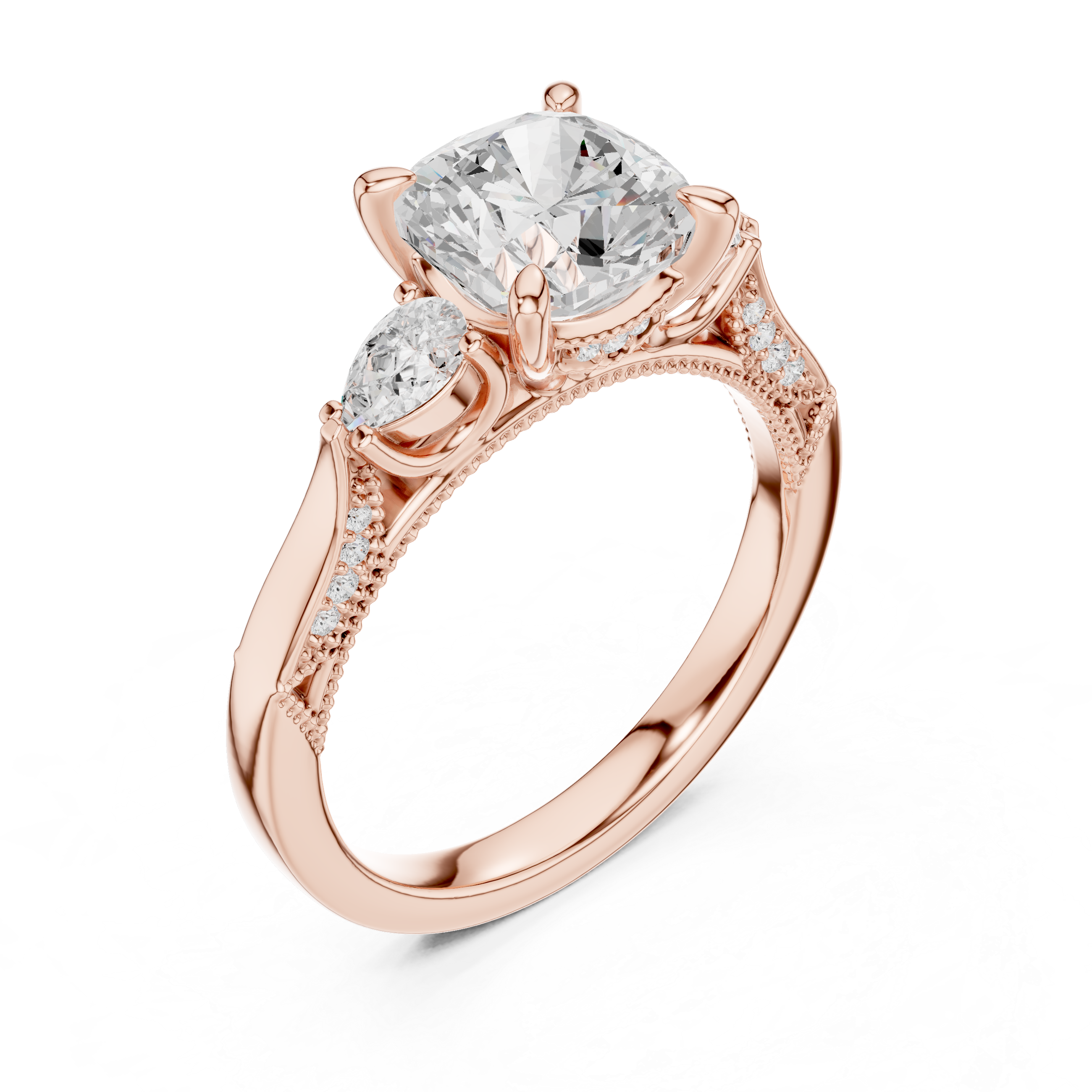 Cushion-Cut Diamond Ring with Half-Moon Side Stones