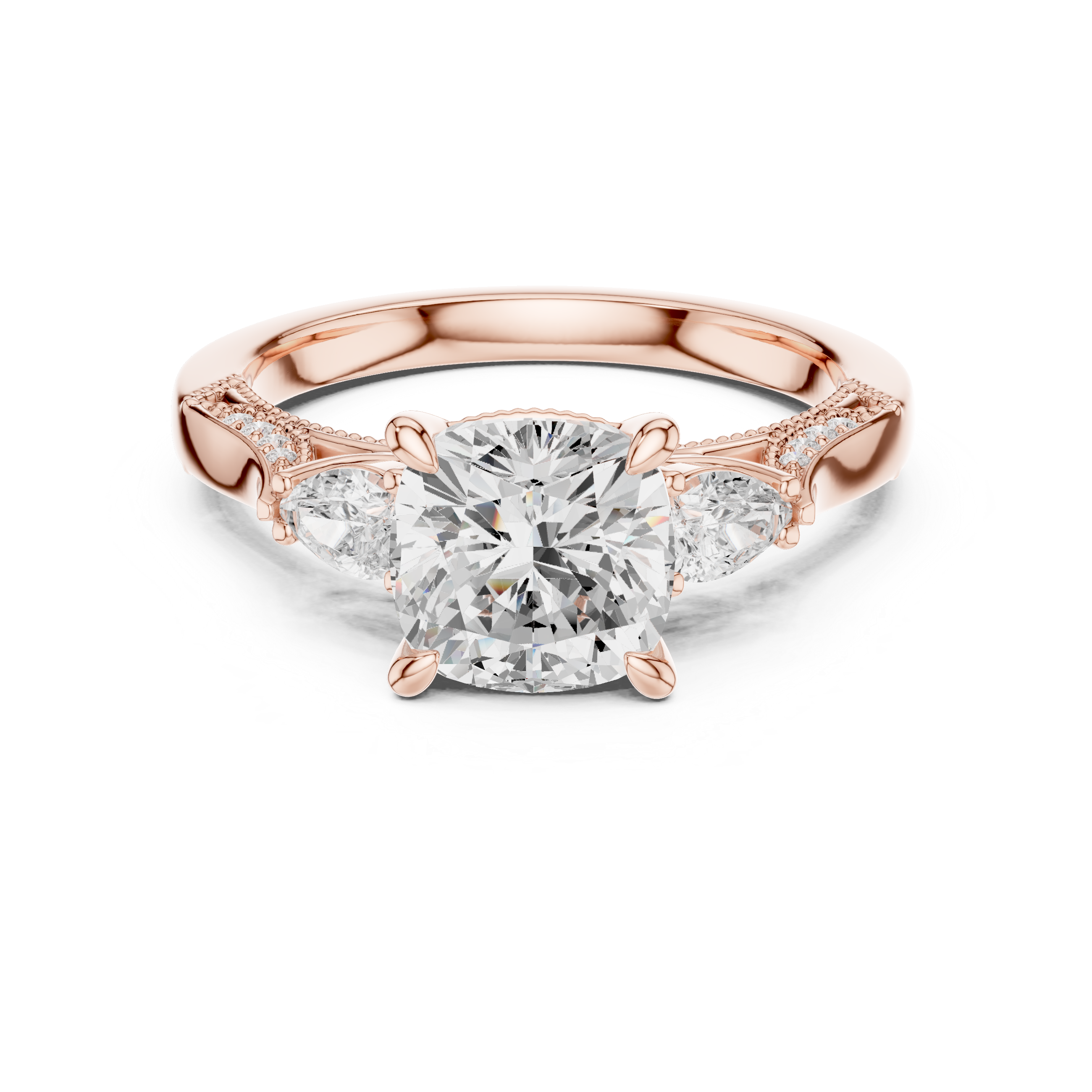 Cushion-Cut Diamond Ring with Half-Moon Side Stones