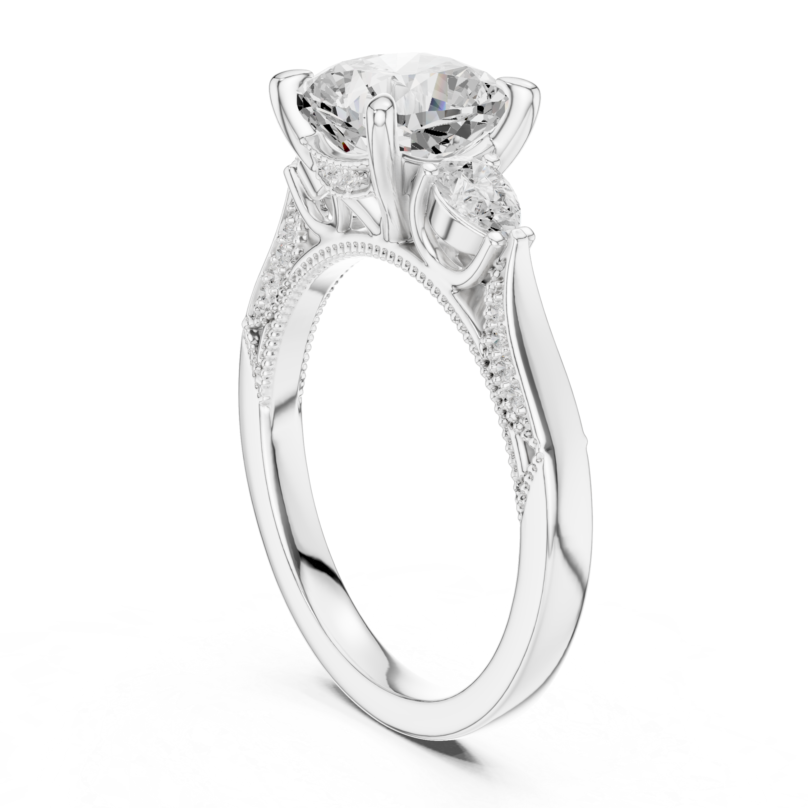 Cushion-Cut Diamond Ring with Half-Moon Side Stones