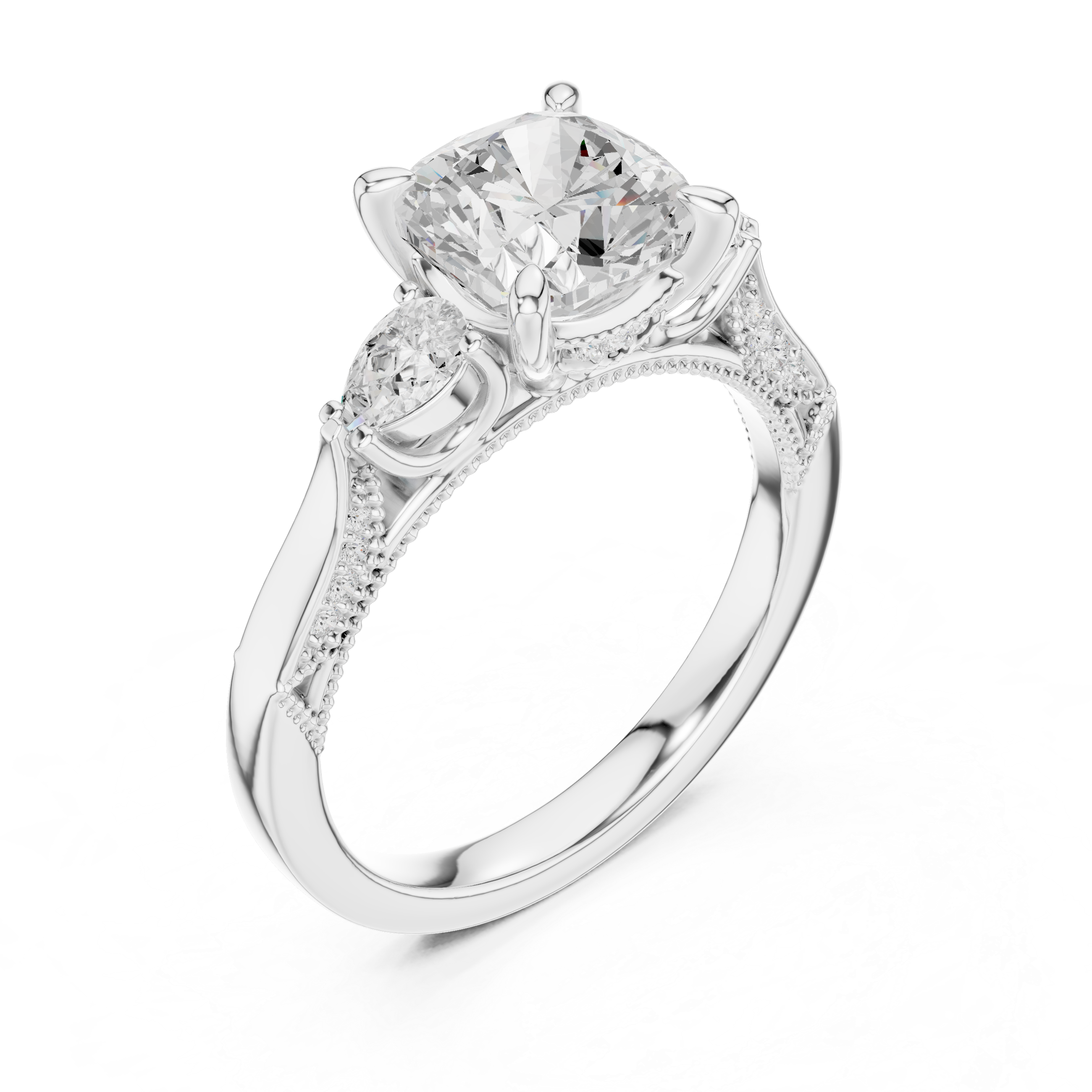 Cushion-Cut Diamond Ring with Half-Moon Side Stones