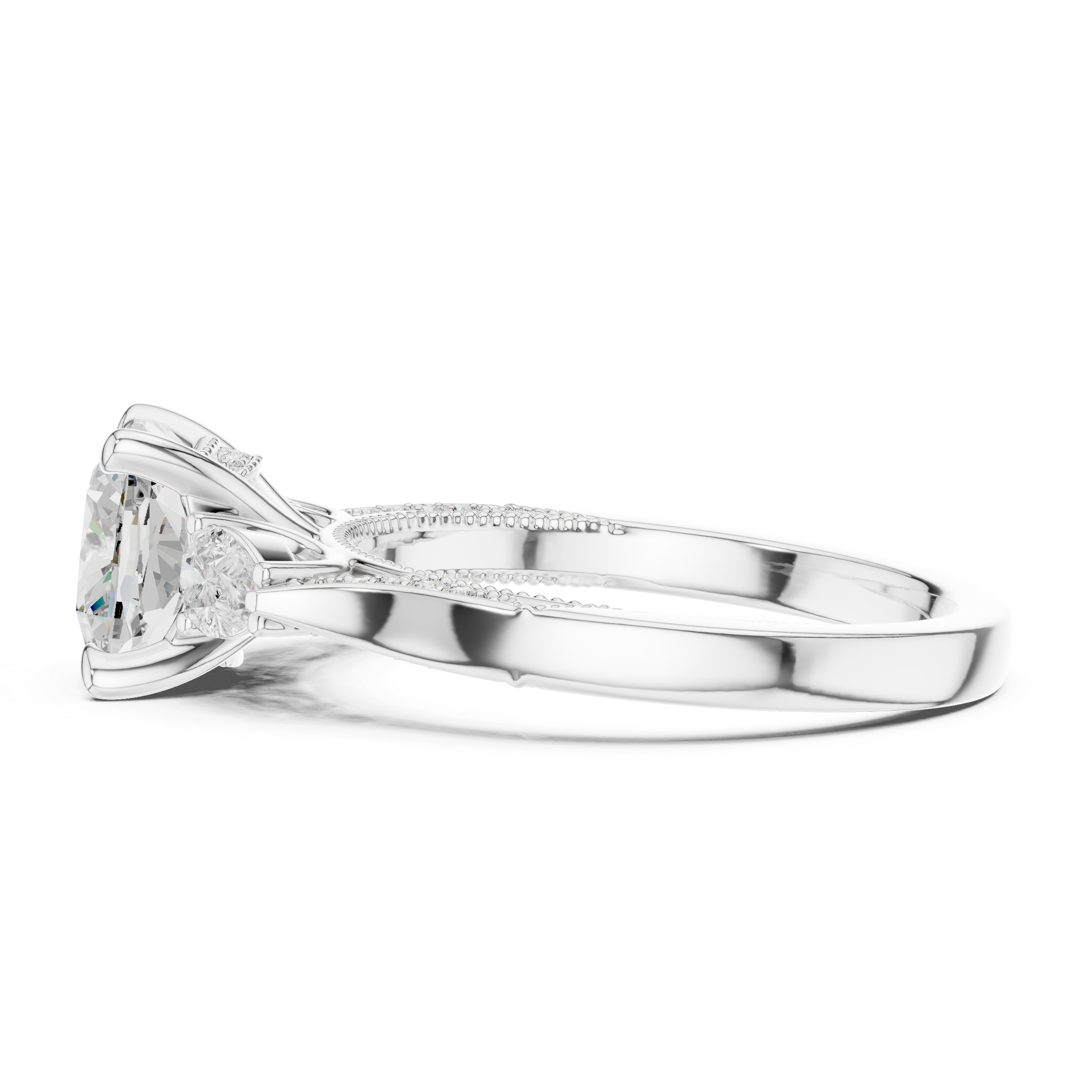 Cushion-Cut Diamond Ring with Half-Moon Side Stones