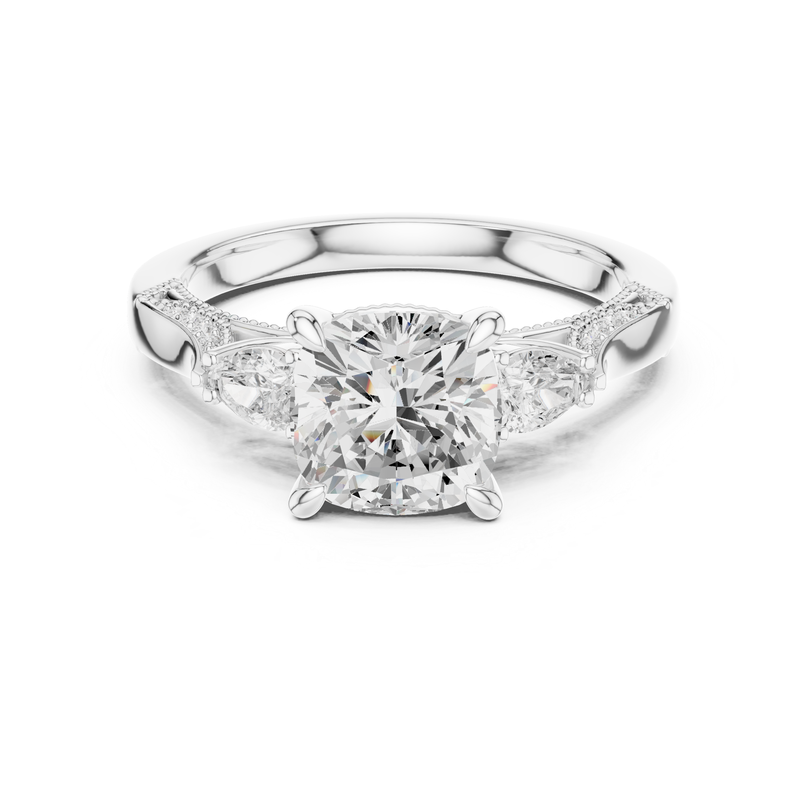 Cushion-Cut Diamond Ring with Half-Moon Side Stones
