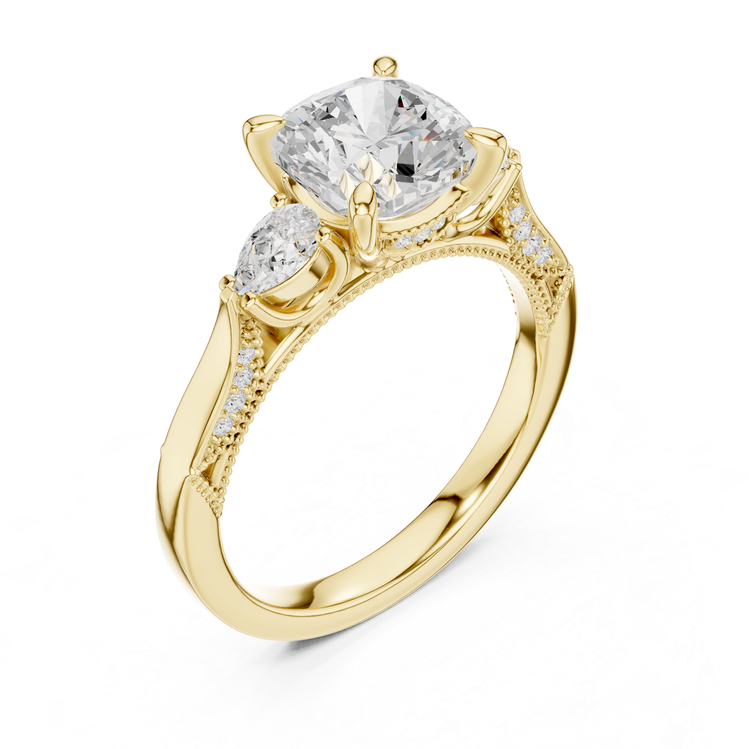 Cushion-Cut Diamond Ring with Half-Moon Side Stones